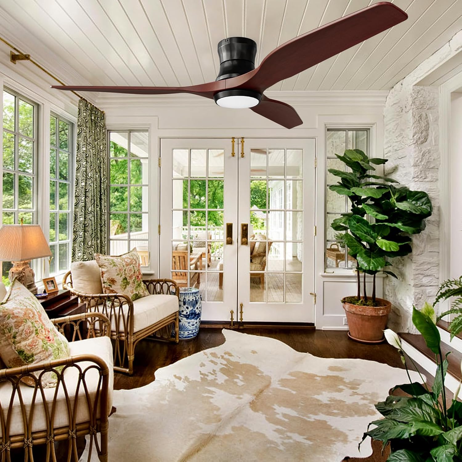 Smart 52' Wood Flush Mount Ceiling Fan for Bedroom, Red Walnut | Quiet DC Motor, WiFi Alexa Voice Control, High CFM Dimmable LED, Low Profile, Reversible, 6 Speeds Adjustment, Time Setting
