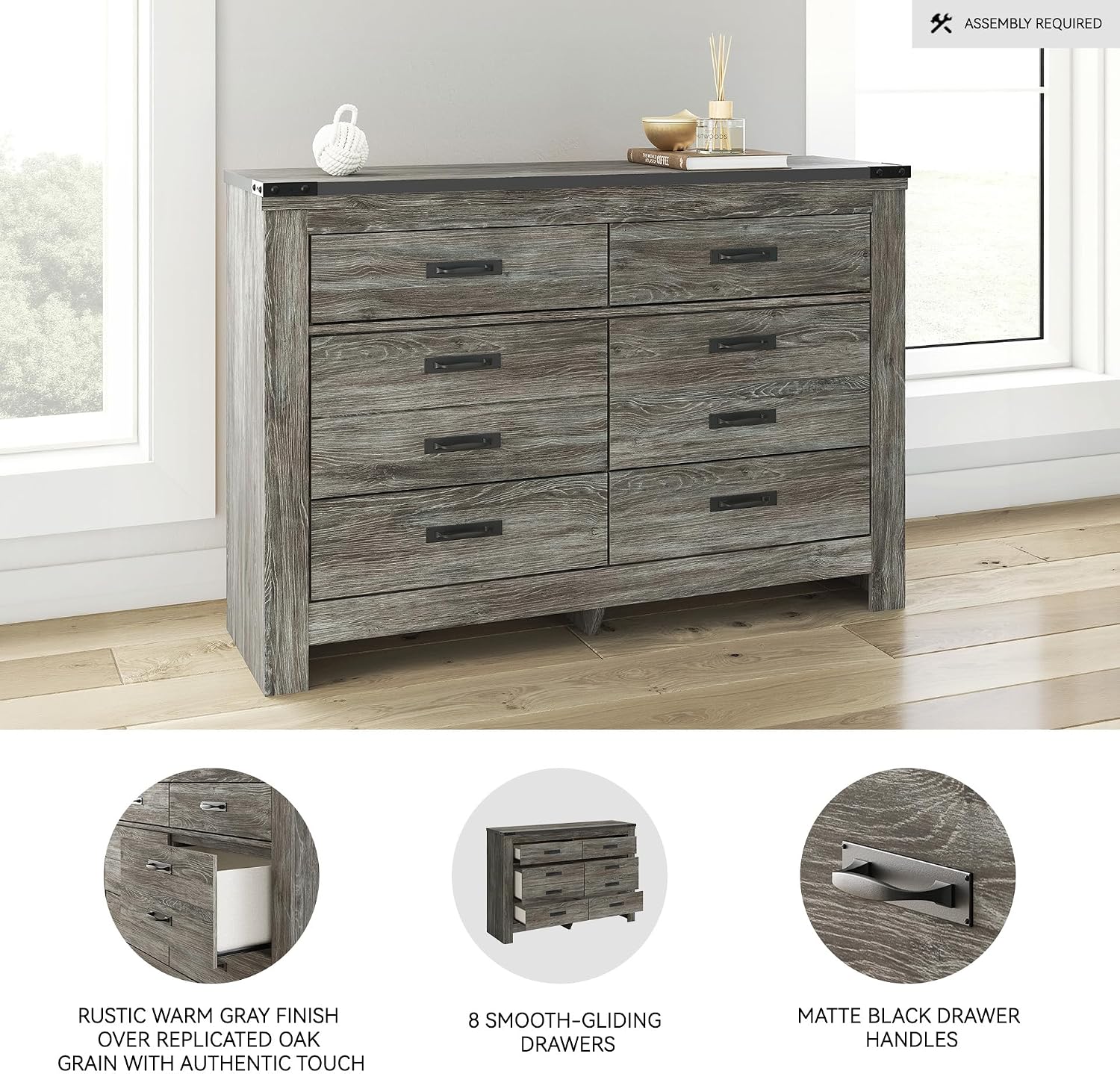 Signature Design by Ashley Frandern Casual Rustic Dresser with 6 Smooth-Gliding Drawers, Meets ASTM International Safety Standards, Wood and Decorative Laminate, Gray