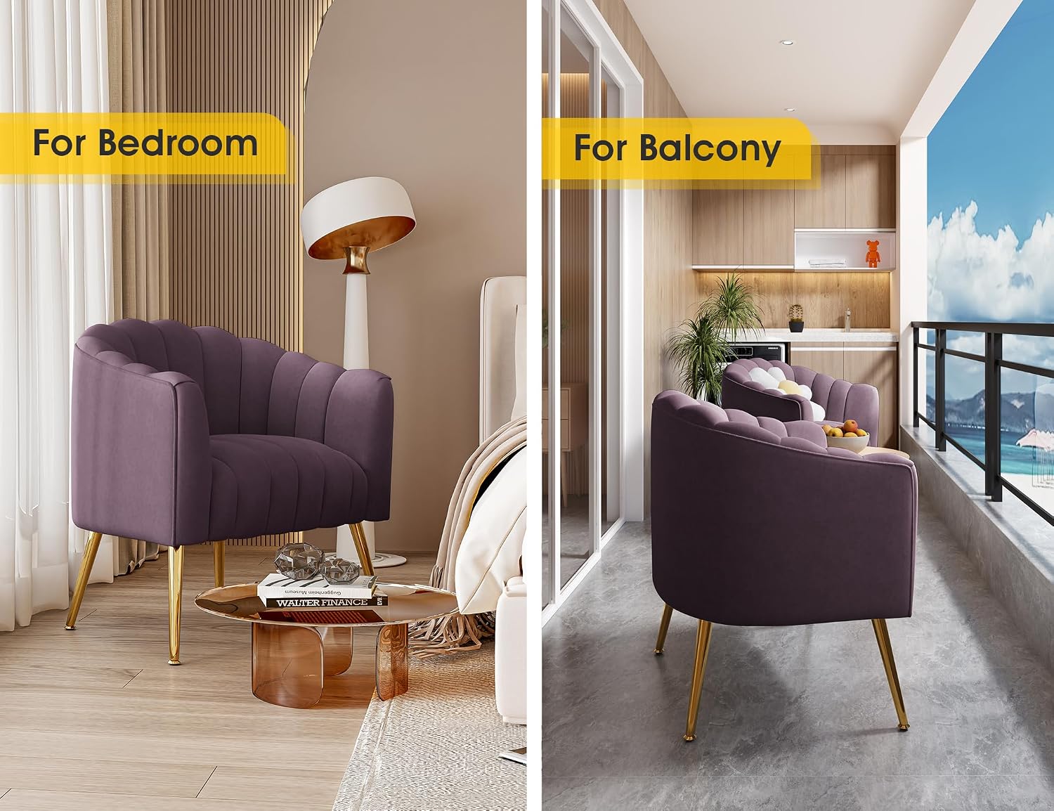 Dewhut Oversized Pumpkin Couch Accent Chair, Modern Comfy Velvet Upholstered Barrel Chairs, Luxury Single Sofa Armchair for Living Room, Waiting Room, Office and Vanity, (Purple)