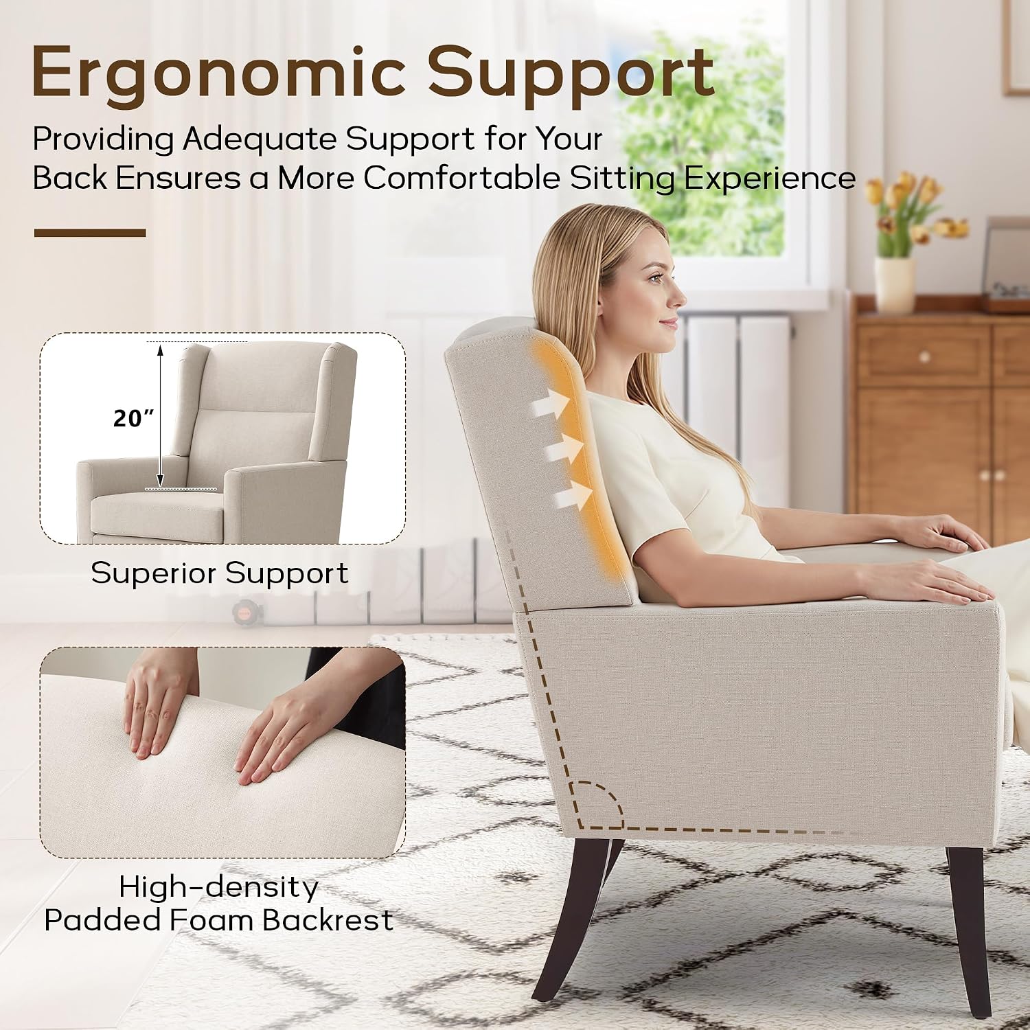 Zihanhome High Back Living Room Chairs, Fabric Accent Chair, Comfy Upholstered Armchair with Wooden Legs for Living Room, Bedroom, Apartment (1, Beige)
