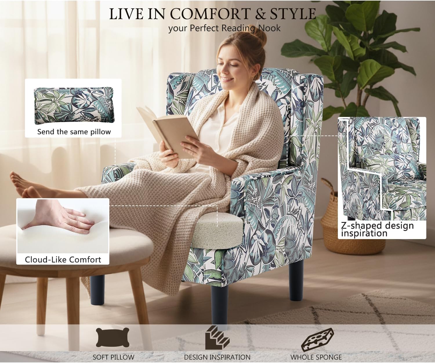 Modern Accent Chair for Living Room Chairs Oversized Reading Chair Accent Chairs for Living Room Sofa Chair with High Back and Wood Legs,Upholstered Armchair Comfy Chair for Bedroom(Green Floral)