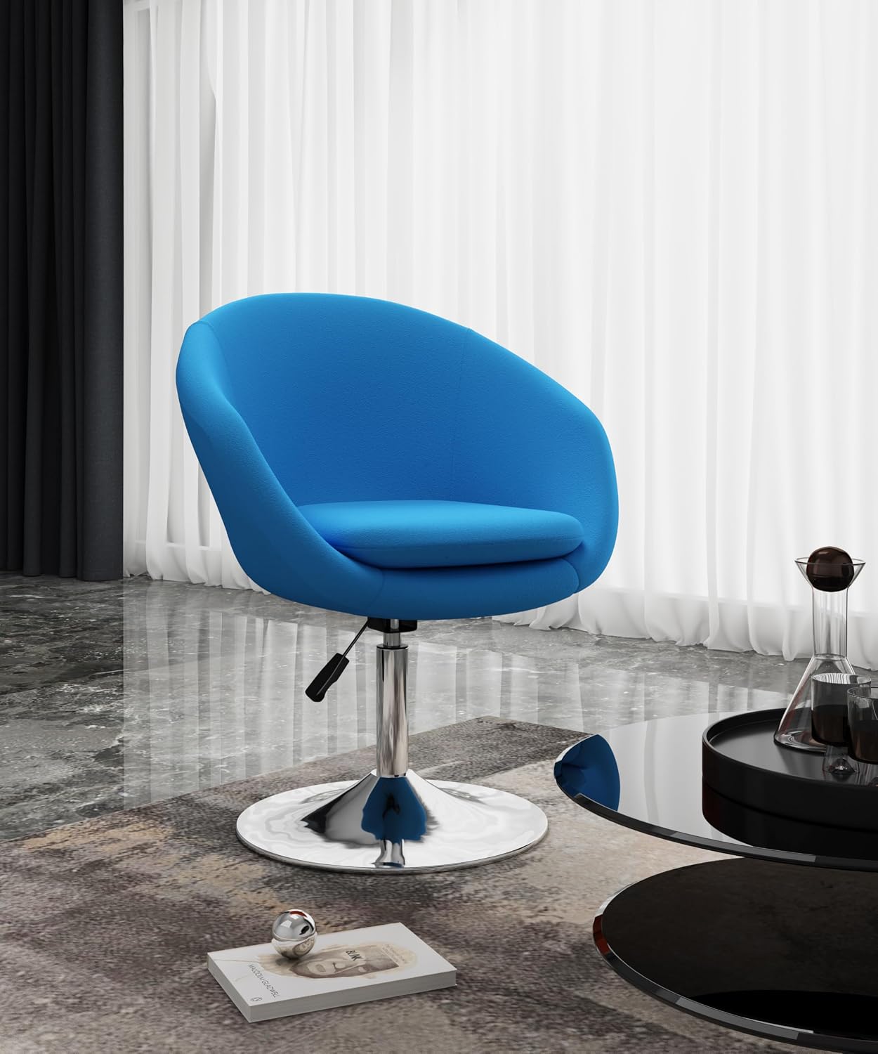 Manhattan Comfort Hopper Adjustable Swivel Accent Chair with 360° Turn, Upholstered Seat, Polished Chrome Base, Modern Bowl Design for Home Office and Living Room, Blue
