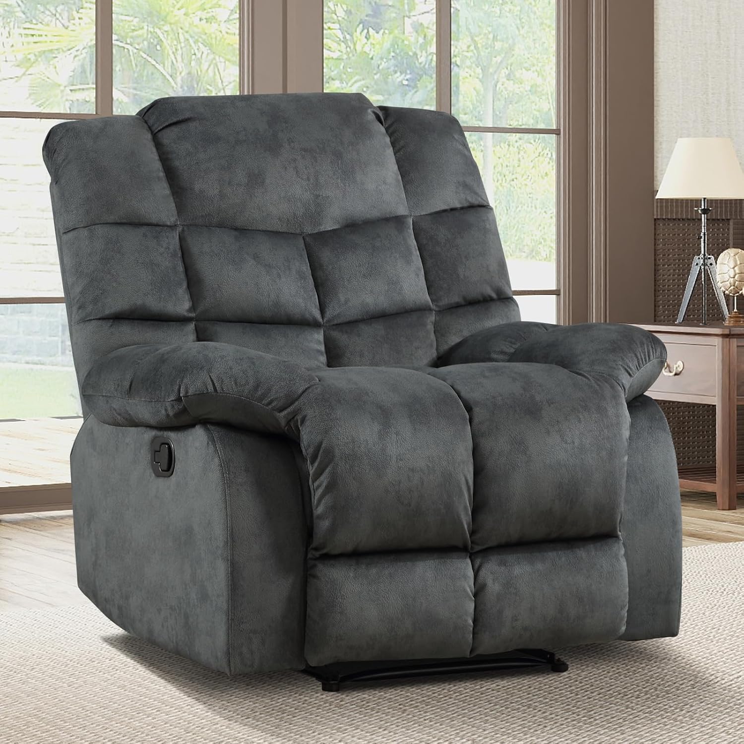 EBELLO Manual Recliner Chair, Overstuffed Reclining Sofa with Soft Padded Headrest and Armrest, Soft Fabric Single Couch for Living Room, Grey Green
