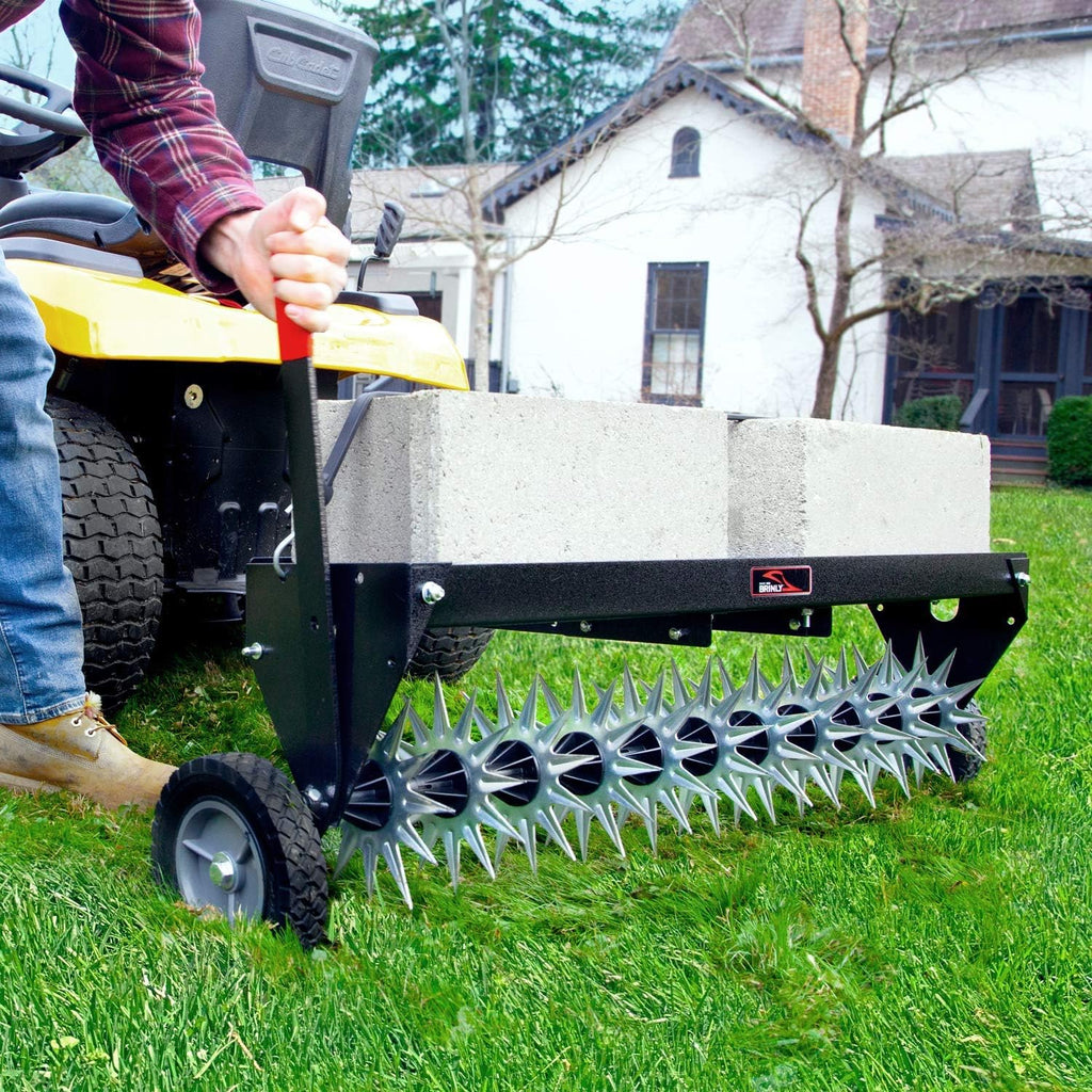 Brinly SAT2-40BH-P Tow Behind Spike Aerator with Transport Wheels, 40' - Hammered Black