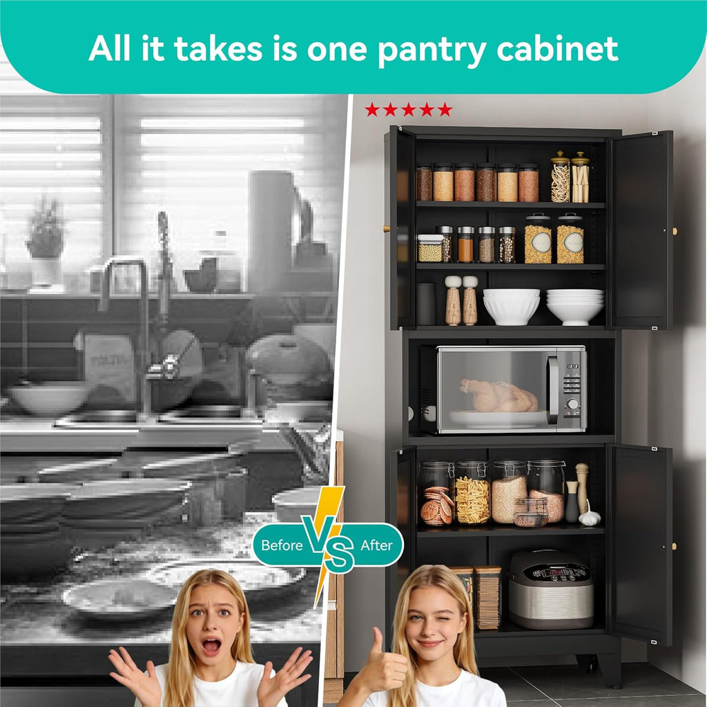 69' Tall Pantry Cabinet with Open Shelf,13.78'Deep By 28' Wide Storage Cabinet with Doors and Adjustable Shelves,Microwave Stand,for Kitchen Dining Room Bathroom,Black,1Pc