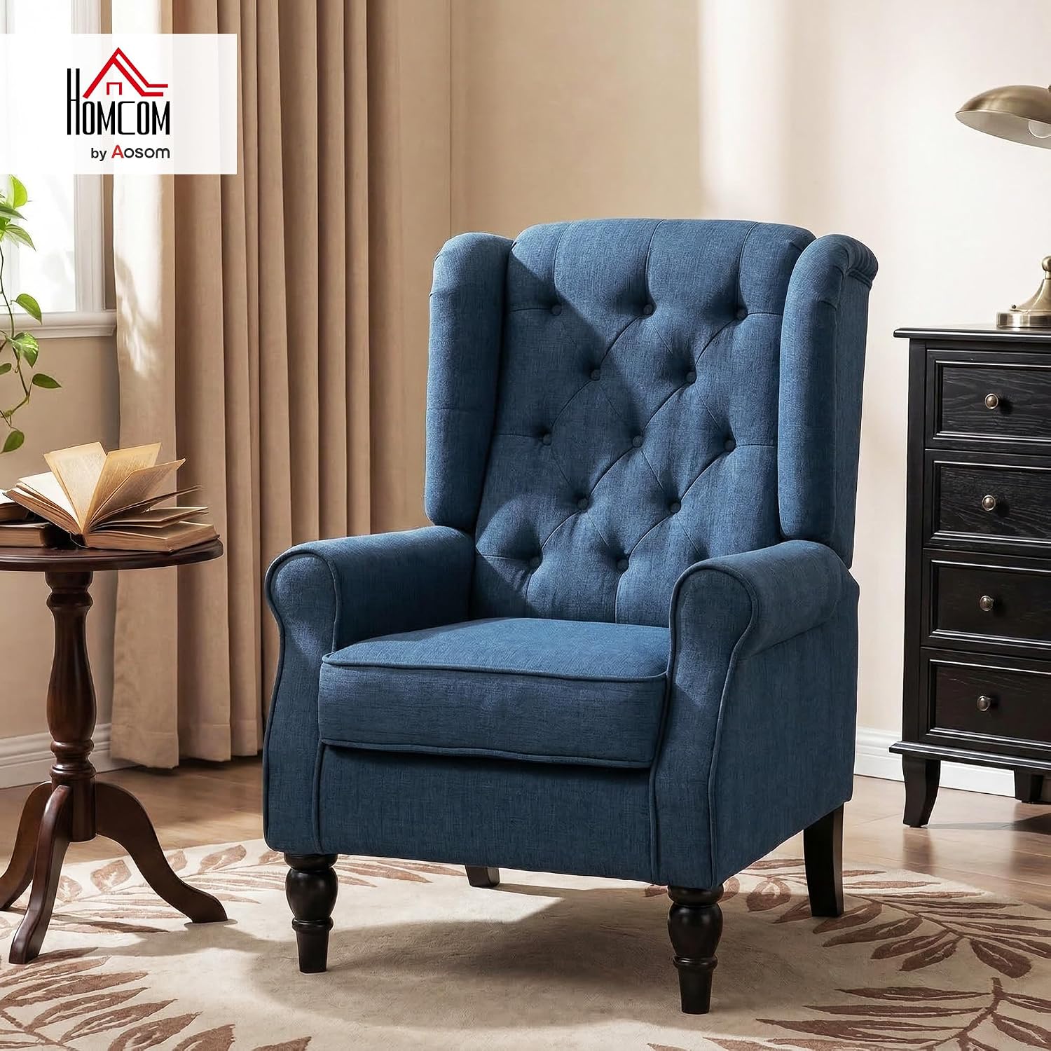 HOMCOM Mid-Century Modern Accent Chair, High Wingback Reading Chair, Button-Tufted Upholstered Fabric Armchair with Retro Wood Legs for Apartment, Living Room, Bedroom, Blue