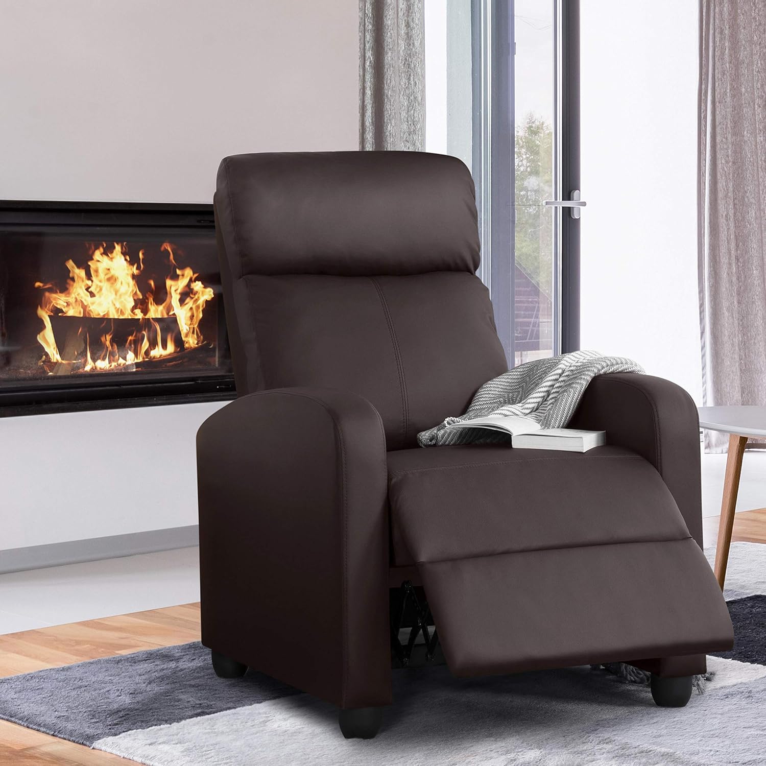 Topeakmart PU Leather Recliner Chair Living Room Single Sofa Home Theater Seating with Lumbar Support Overstuffed High-Density Sponge Manual Push Back Recliners Brown