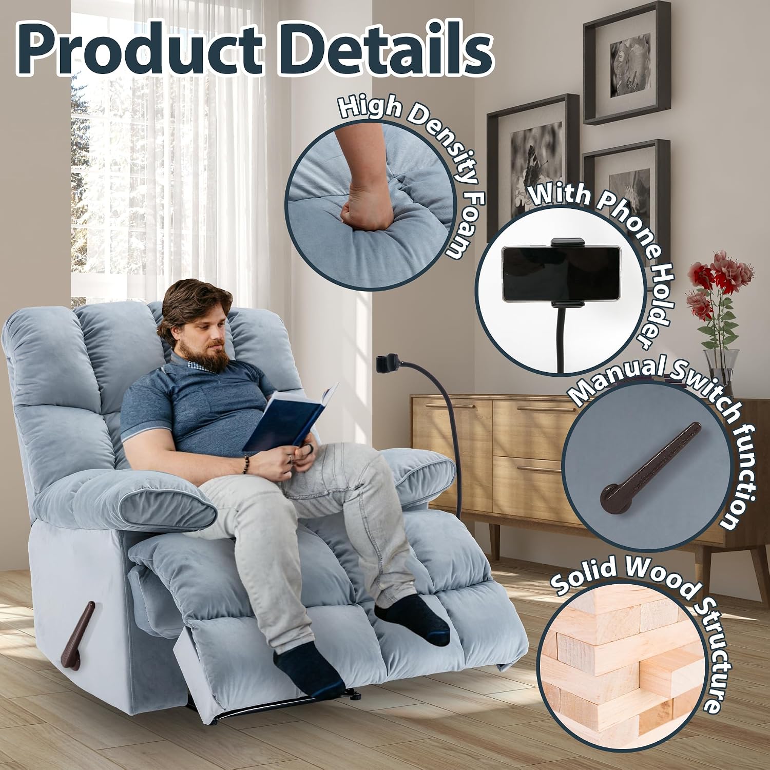 Manual Adjustable Oversized Recliner Chair with Phone Holder, Extra Large Recliner for Heavy Duty Adults 400lbs, Big Man Recliners for Living Room, Nursery, RV