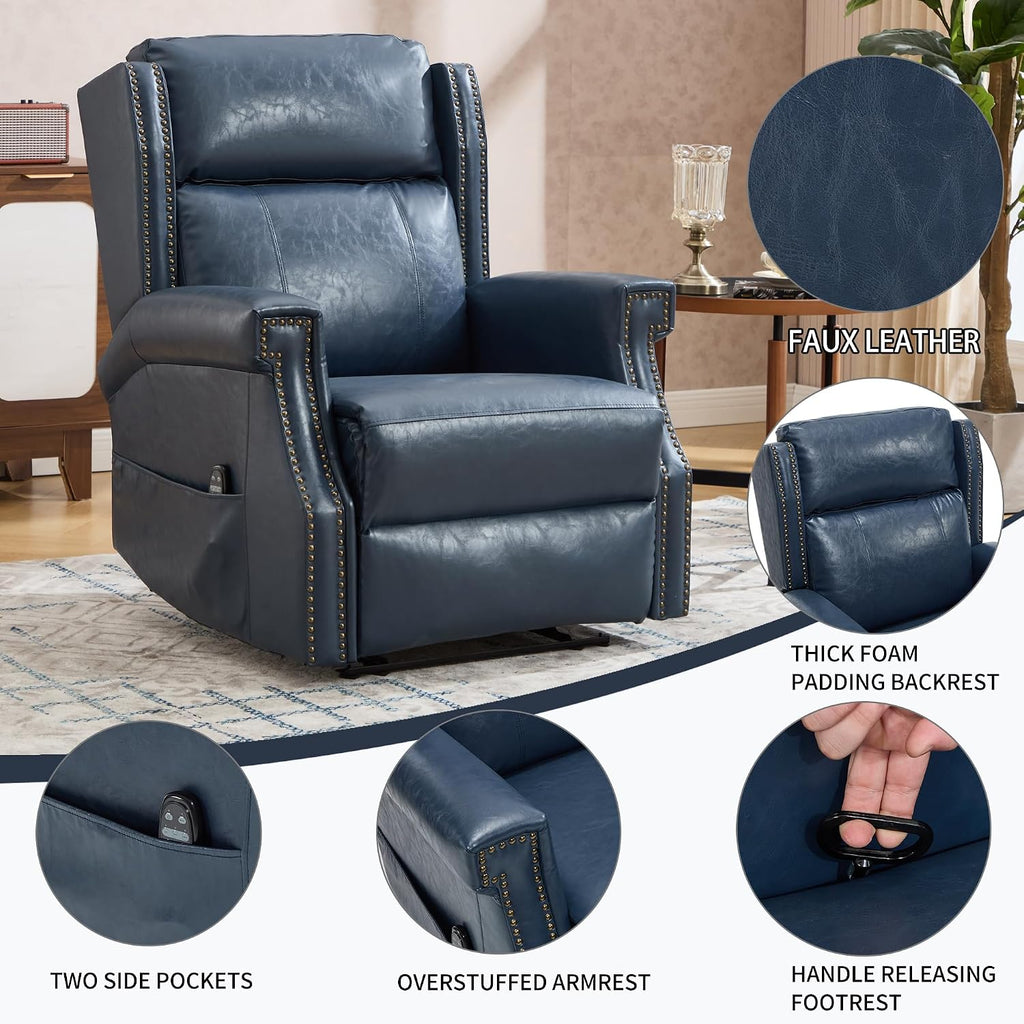 KEIKI Mid Century Modern Oversized Recliner Accent Chair for Adults, Manual Leather Recliner Chair with Back Massager and Heating for Living Room, Apartment Rocking Reading Chairs for Adults, Blue