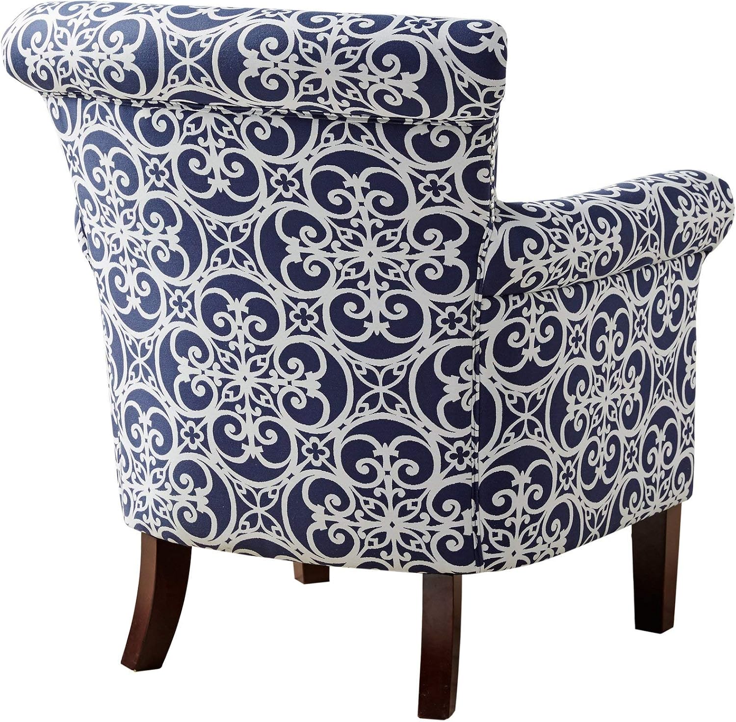 Madison Park Brooke Upholstered Accent Chair with Solid Wood Legs and Rolled Arms, Nailhead Trim, Tight Back, Fretwork Print, Chic Padded Cushion Seat Bedroom Lounge Comfy for Reading, 29.25' W, Navy