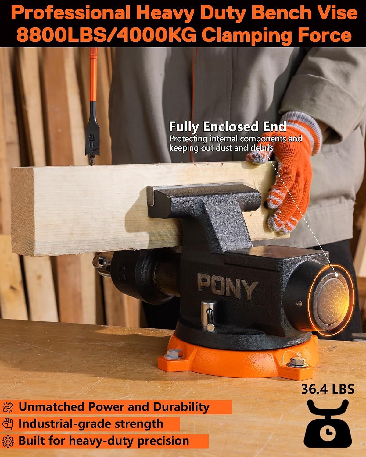 PONY 6 Inch Heavy Duty Bench Vise 8800LBS Clamping Force, Pro Workshop Workbench Vise with 360-Degree Rotatable Base and Anvil, 6-inch Jaw Opening and Width for Woodworking, Drilling, Pipe Cutting