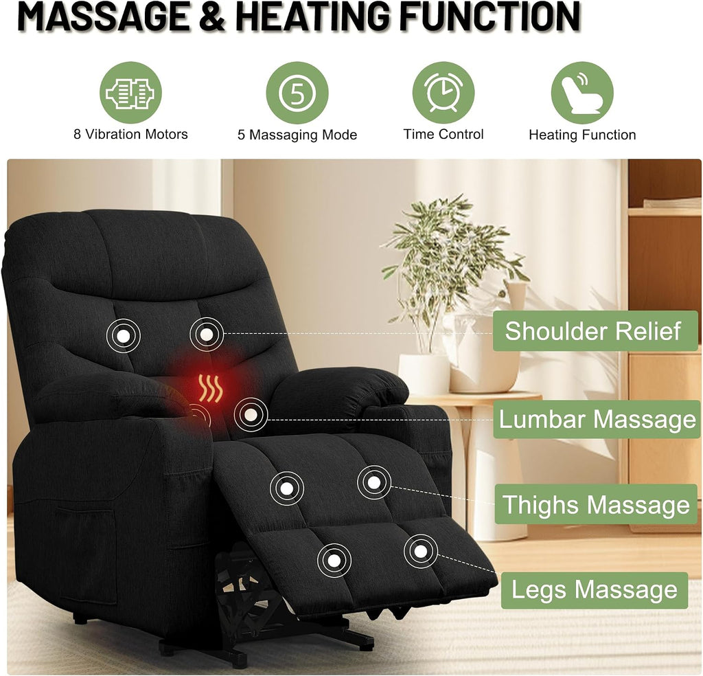 Korser Power Recliner Chair with Massage and Heating, Electric Recliner Chair for Elderly and Adults, Power Lift Recliner with Remote Control and Cup Holders for Living Room, Linen Fabric, Black