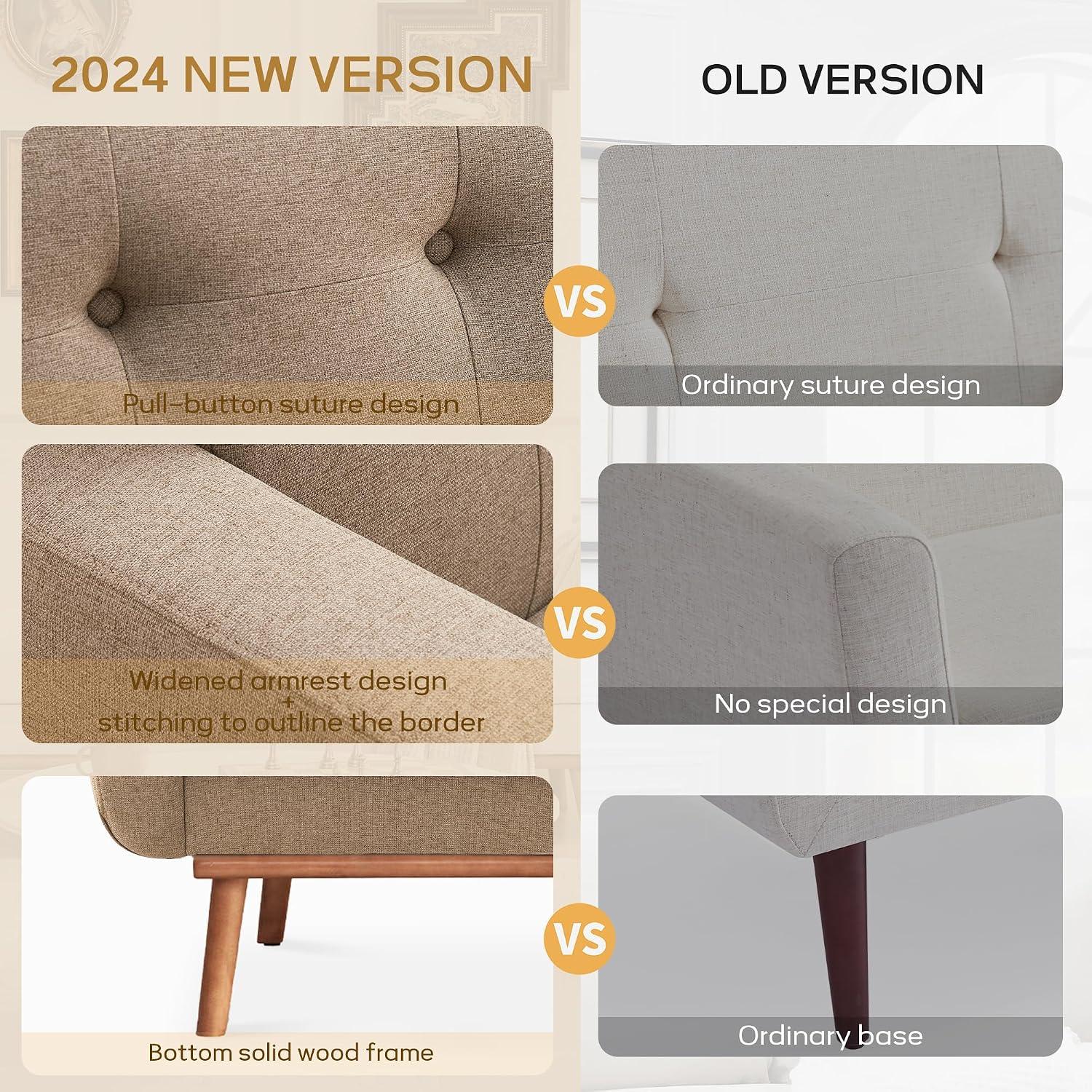 HUIMO Living Room Set, Button Tufted Living Room Furniture Sets, Upholstered Modern Couch Set with Solid Frame, Sofa Set for Living Room (Brown, 3 Piece Set-1*loveseat+2*Chair)