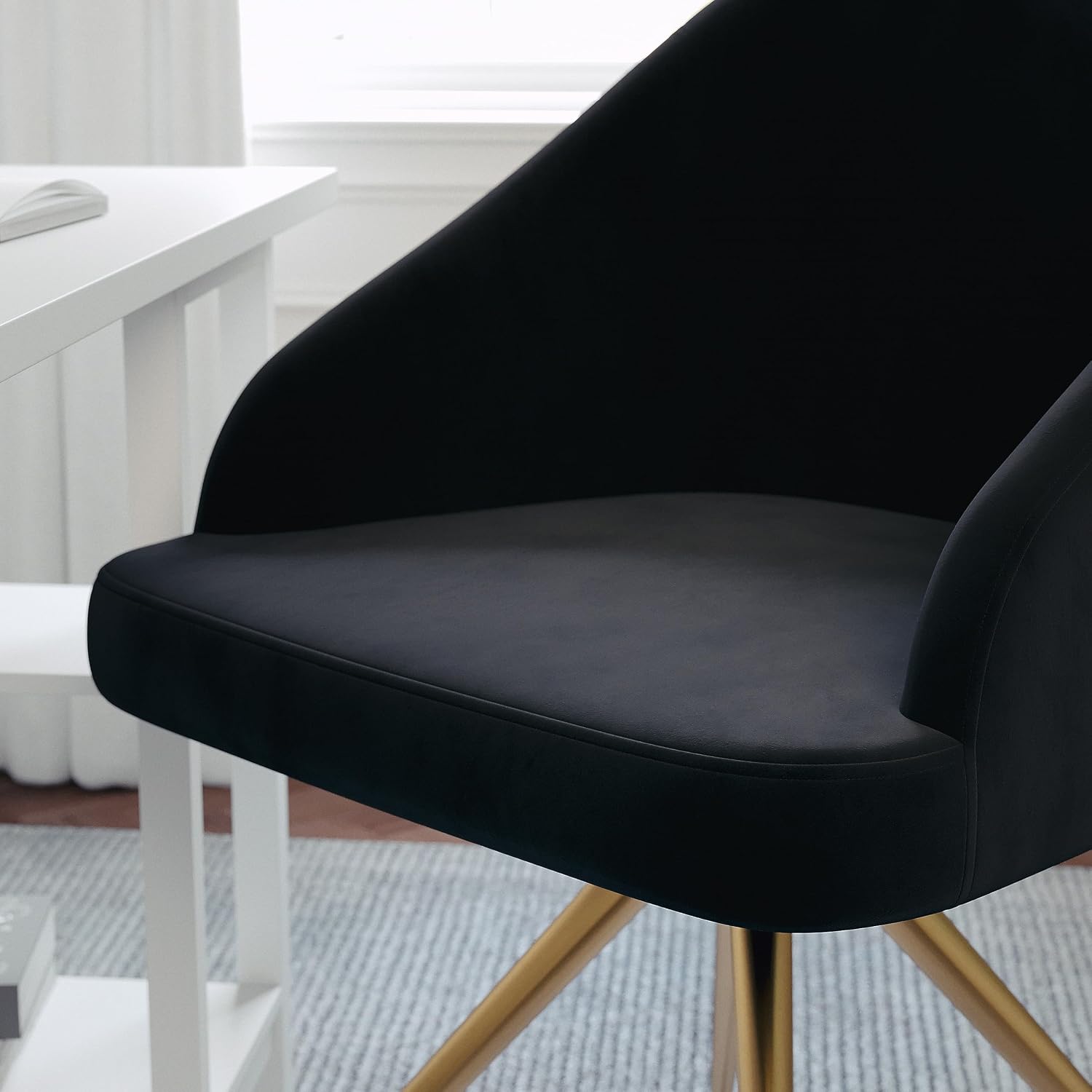 Martha Stewart Sora Stationary Swivel Task Chair with Sloped Arms for Home Office in Black Velvet with Polished Brass Frame