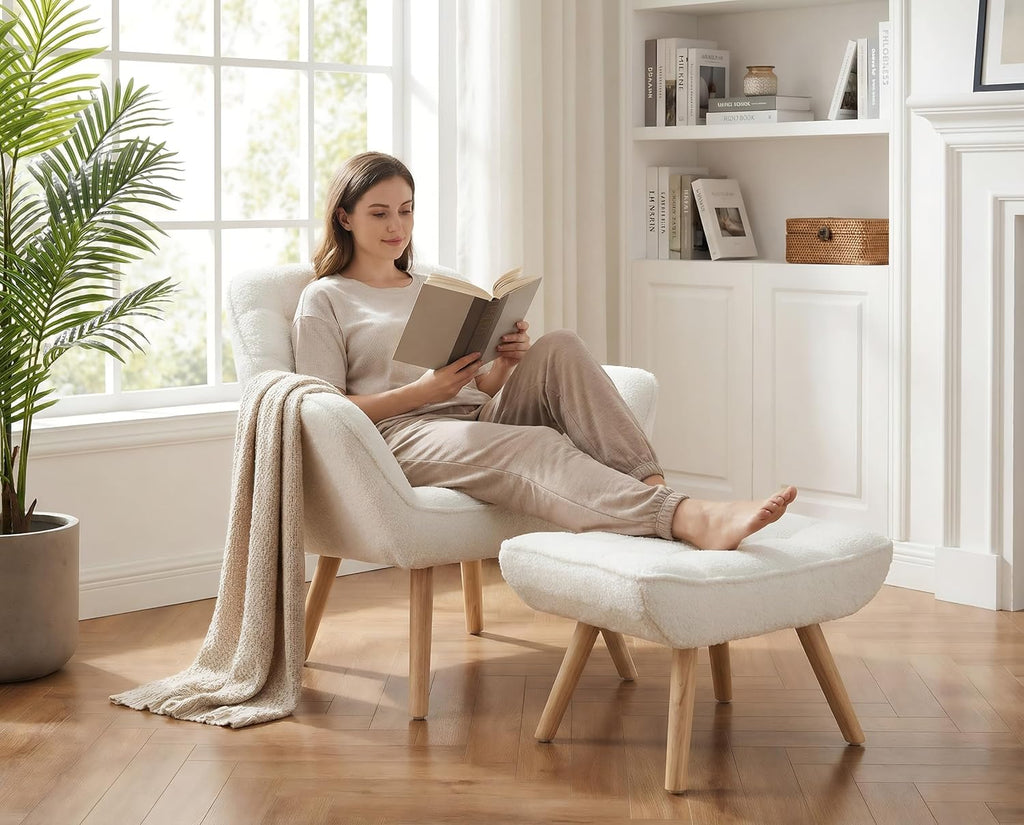 White Sherpa Accent Chair with Ottoman ，Modern Reading Chairs with Ottoman Set, Comfy Fuzzy Armchair Living Room Chair Lounge Chair with Wood Legs for Small Spaces Bedroom Apartment