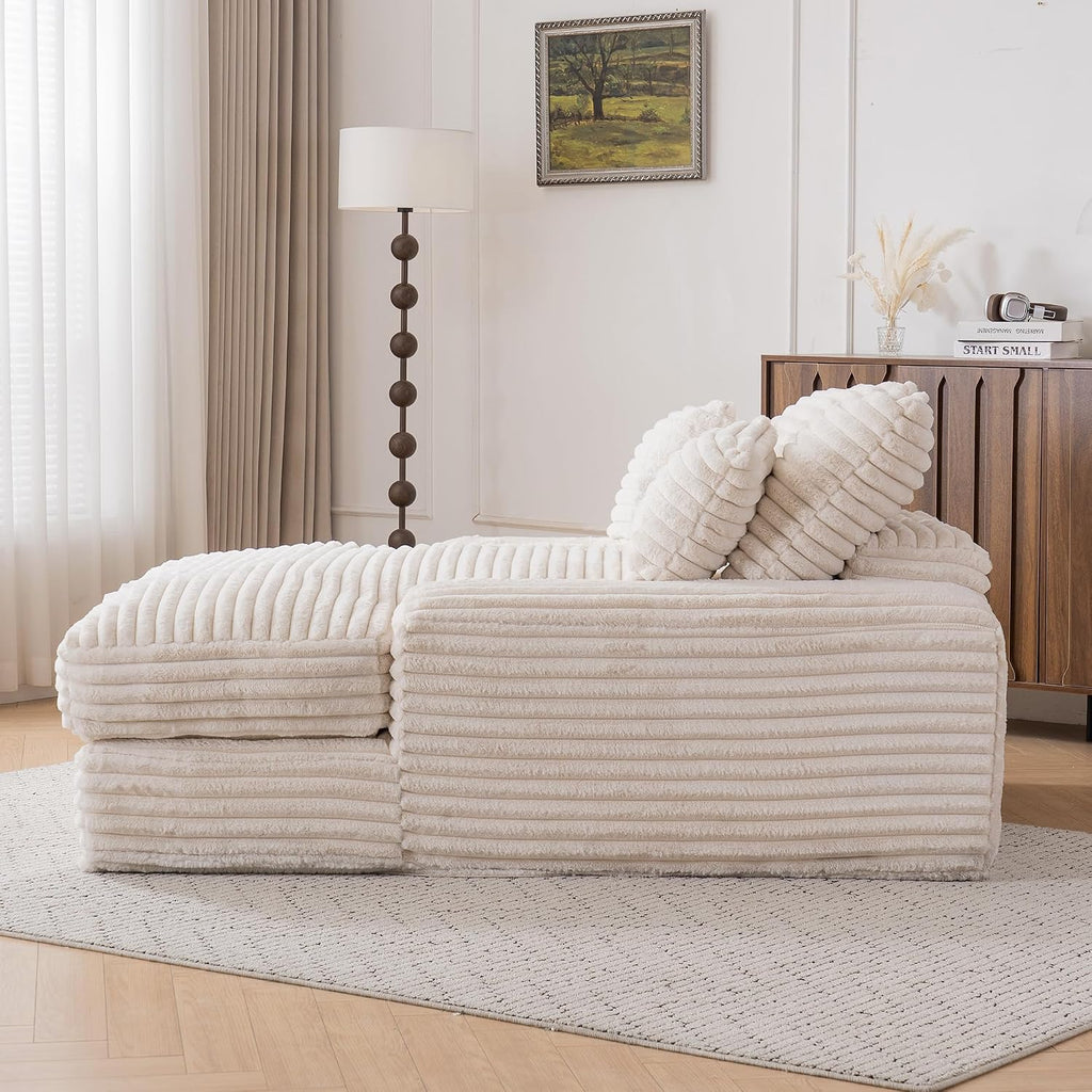 KEIKI 53.94'' Luxury Corduroy Convertible Chaise Lounge Chair with 4 Pillows, Ultra-Soft Sofa Bed, No Assembly Required, Ergonomic Recliner for Living Room, Apartment & Small Spaces, Beige