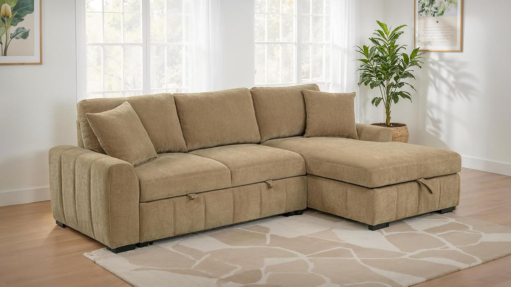 Coaster Home Furnishings - Pastrana - Wood and Fabric - Sleeper Sectional Sofa with Right-arm-Facing Chaise, and Track Arms - Living Room - Camel - 500348