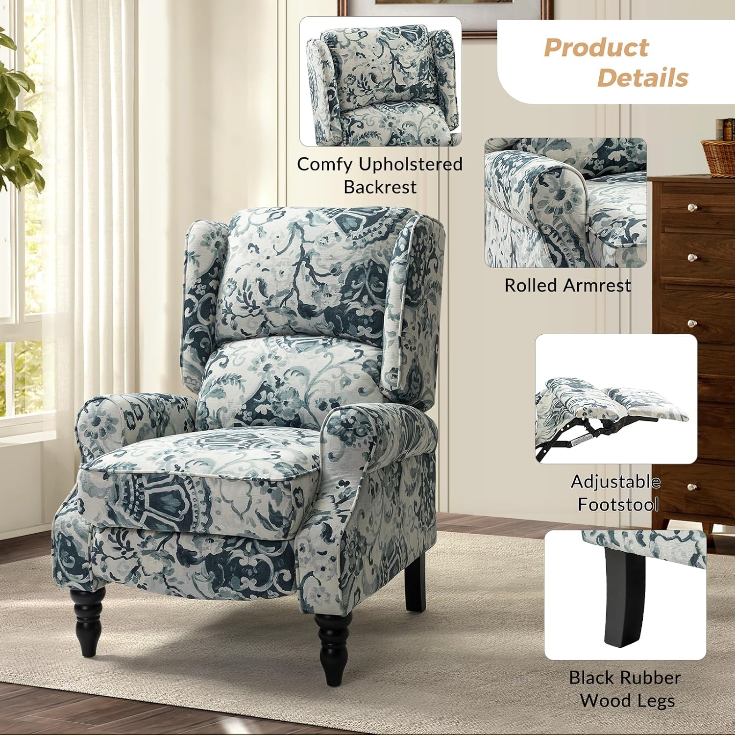 HULALA HOME Upholstered Wingback Recliner Chair, Small Adjustable Footrest Push Back Single Reclining Sofa, Mid Century Modern Lounge Armchair for Living Room, Bedroom, Reading/Floral