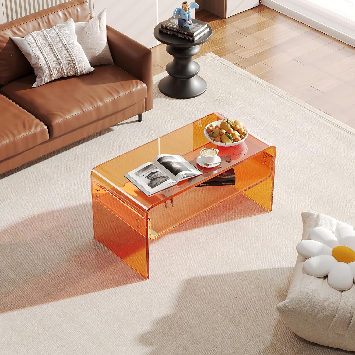 Acrylic Coffee Table, Orange Rectangle Side Table Furniture, Modern Tea Table with Open Storage for Living Room, Office Reception and Bedroom