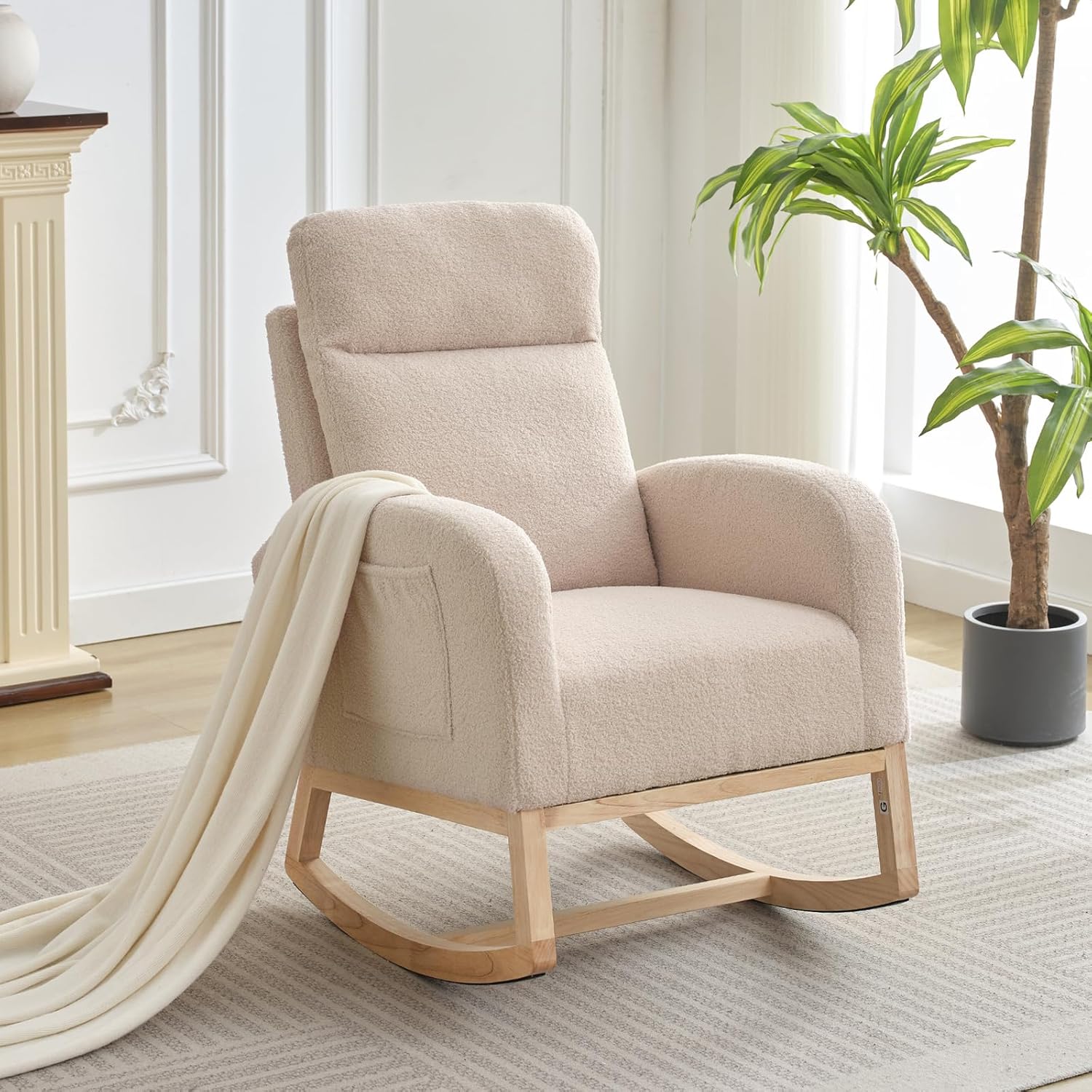 Garvee Teddy Fleece Nursery Rocking Chair,Upholstered Glider with 26' High Backrest, Padded Seat,Modern 300 Lbs Weight Capacity Accent Recliner for Living Room, Bedroom, Reading