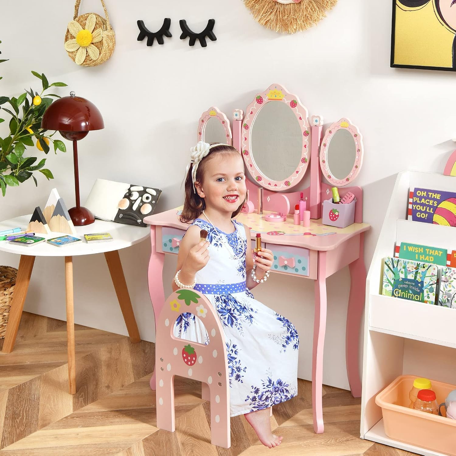 HONEY JOY Kids Vanity, Strawberry Princess Wooden Makeup Dressing Table & Chair Set w/Real Glass Tri-Fold Oval Mirror & Accessories, Detachable Top, Pretend Play Vanity Set for Little Girls(Pink)