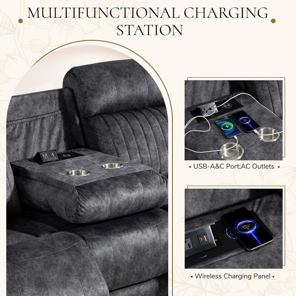 Power Reclining Sofa with Zero Gravity, Adjustable Headrest, Electric Reclining Couch with Wireless Charge, Outlets, Power Loveseat Recliner Sofa for Living Room (Grey, 3 Seater Sofa)