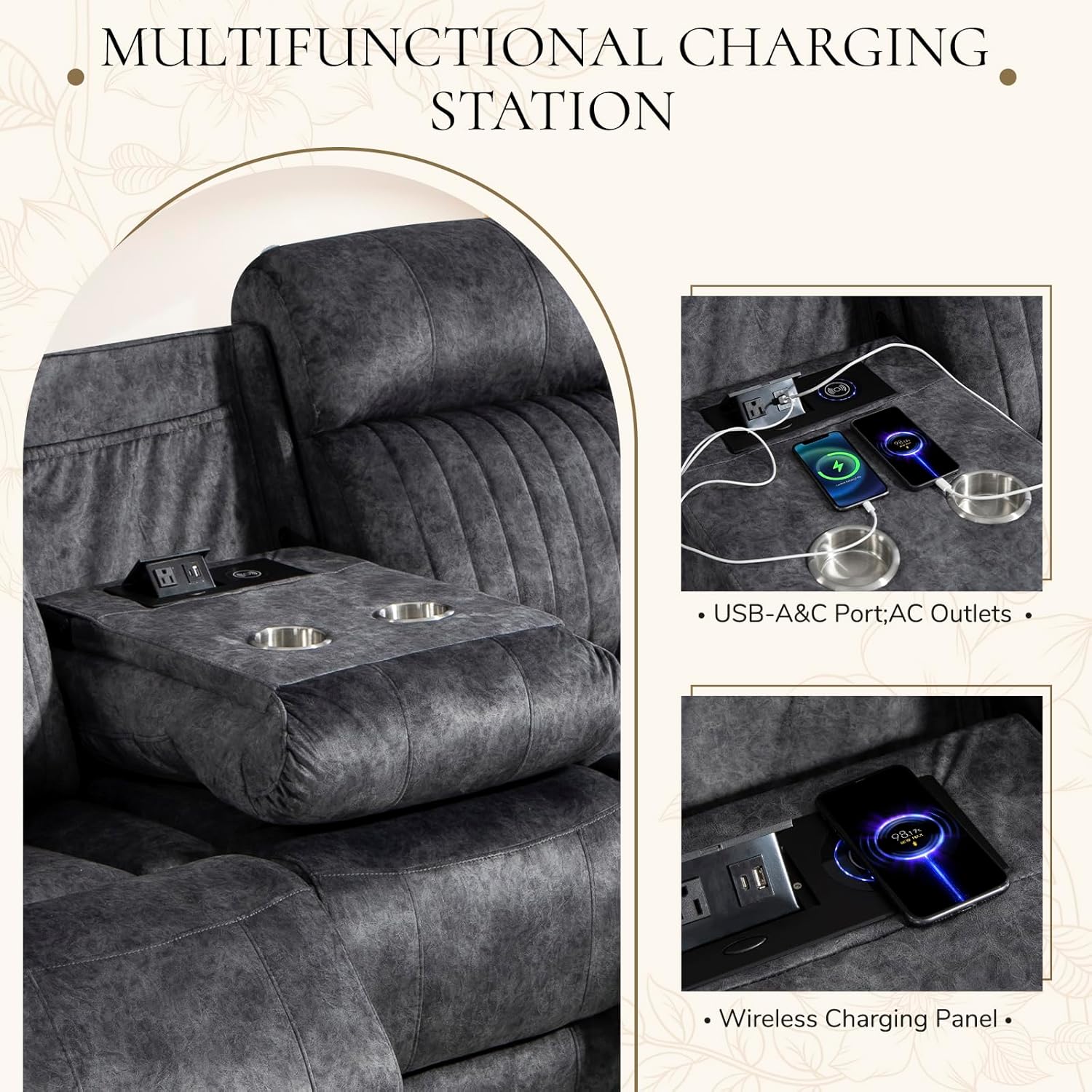 Power Reclining Sofa with Zero Gravity, Adjustable Headrest, Electric Reclining Couch with Wireless Charge, Outlets, Power Loveseat Recliner Sofa for Living Room (Grey, 3 Seater Sofa)
