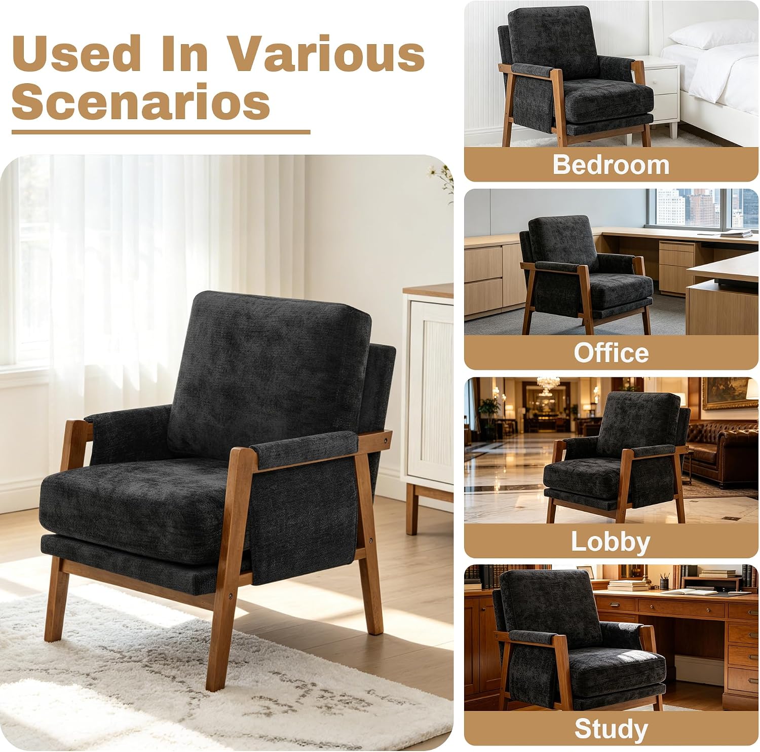 RNKSFX Accent Chairs for Living Room Set of 2, Modern Arm Chairs for Bedroom, Wooden Upholstered Mid Century Accent Chairs, Black