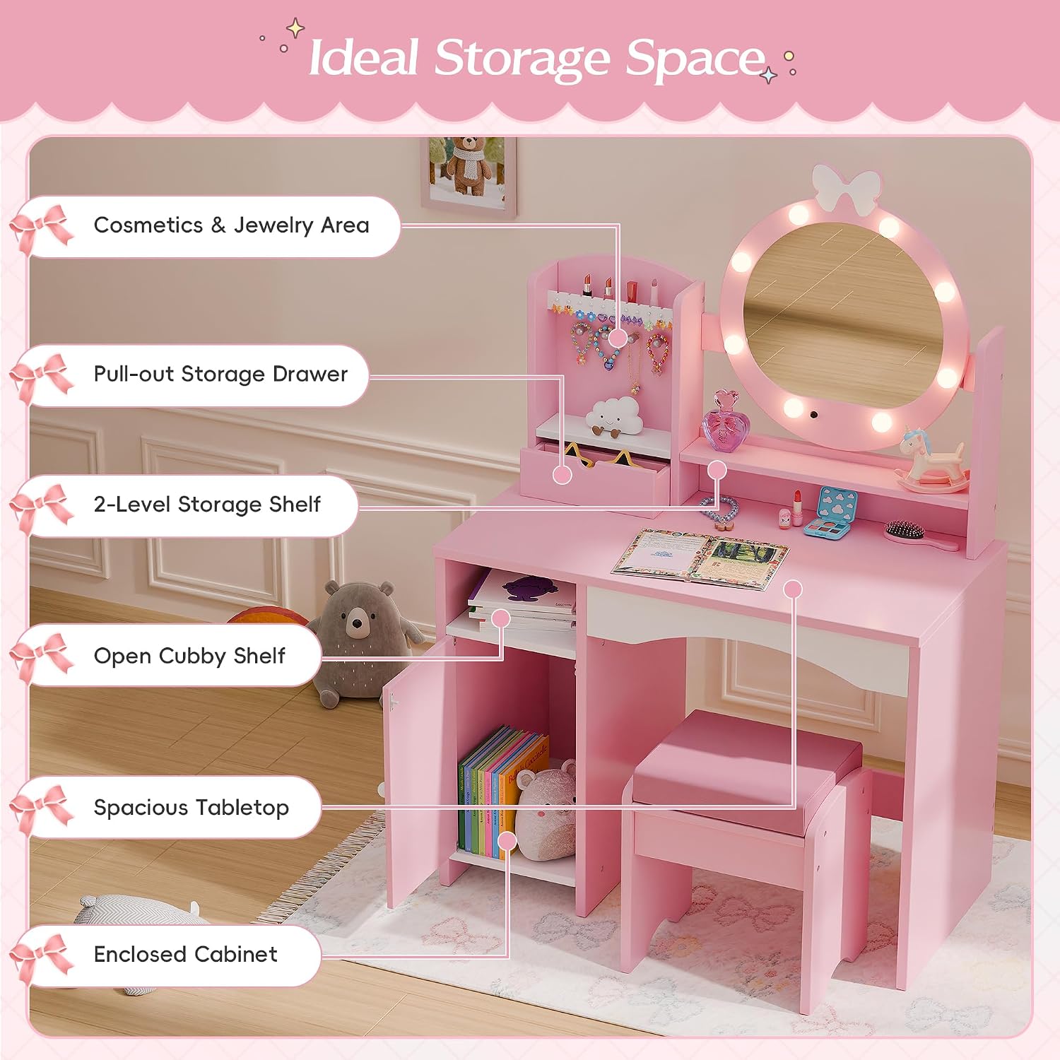TOLEAD Kids Vanity, Girls Vanity Set with Mirror and Stool and Lights, Toddler Vanity Table and Chair Set with Jewelry Storage, Wooden Princess Makeup Desk Dressing Table for Girls, Pink