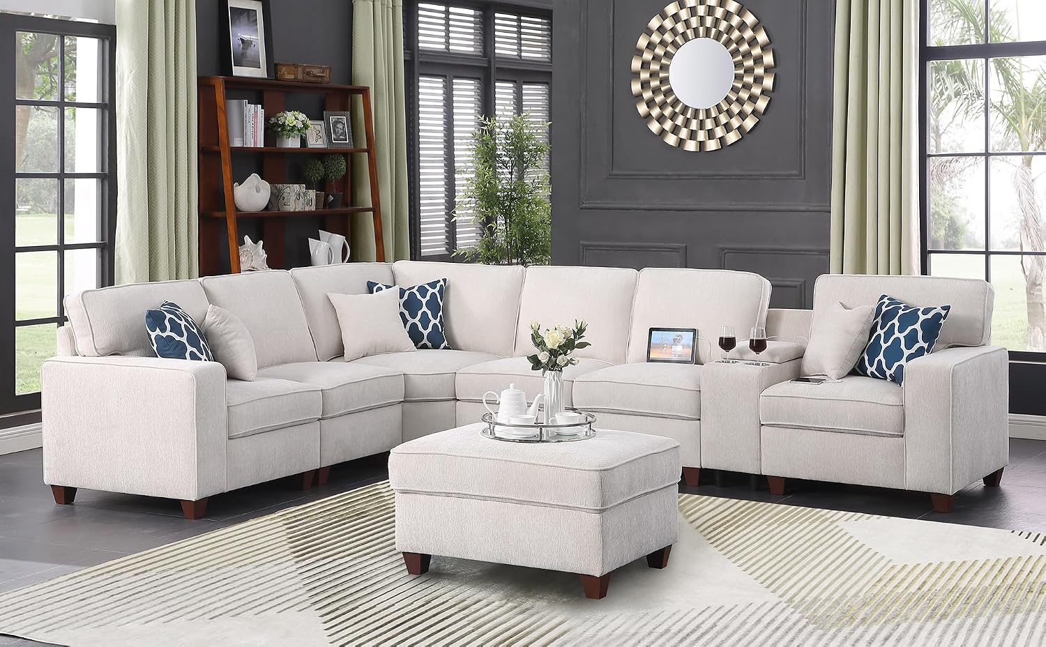 YOPTO 127' L-Shaped Sectional Couch with Movable Ottoman & 6 Throw Pillows,7 Seat Chenille Upholstered Sofa W/2 Cup Holder,USB Port & Hidden Storage Box,DIY Combination,for Living Room,Apartment,Beige
