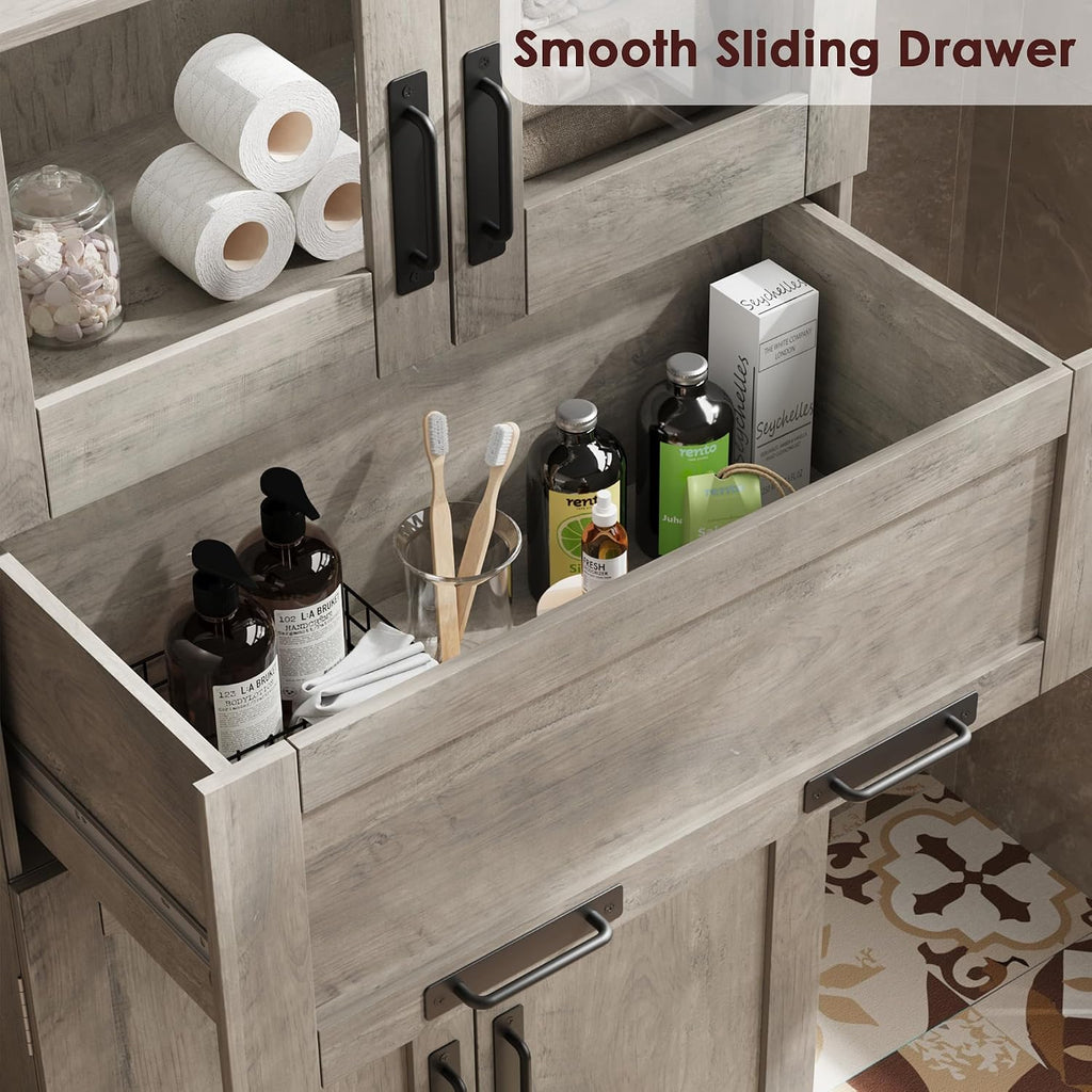 GarveeHome 67' Tall Bathroom Cabinet with 4 Doors & Flip Glass Drawer, Storage Cabinet with Adjustable Shelves, Freestanding Organizer for Kitchen, Living Room (Oak)