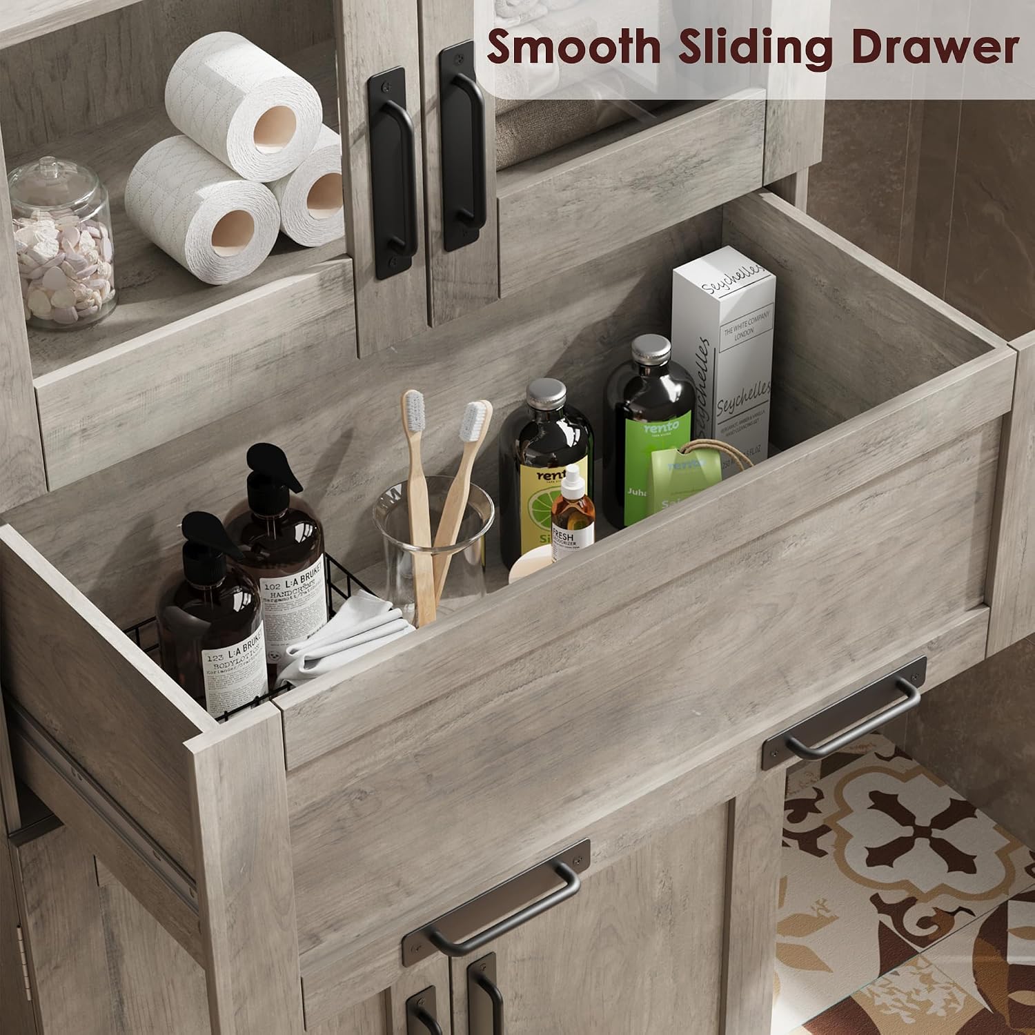 GarveeHome 67' Tall Bathroom Cabinet with 4 Doors & Flip Glass Drawer, Storage Cabinet with Adjustable Shelves, Freestanding Organizer for Kitchen, Living Room (Oak)