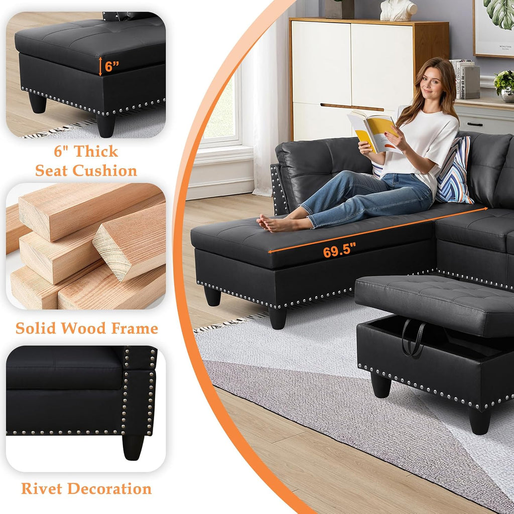 Wakefit Sectional Sofa Couch, Modern 4-Seaters Living Room Furniture Sets with Chaise Lounge, Ottoman & 2 Pillows | L Shape Couch | Cup Holder | Faux PU Leather, Black