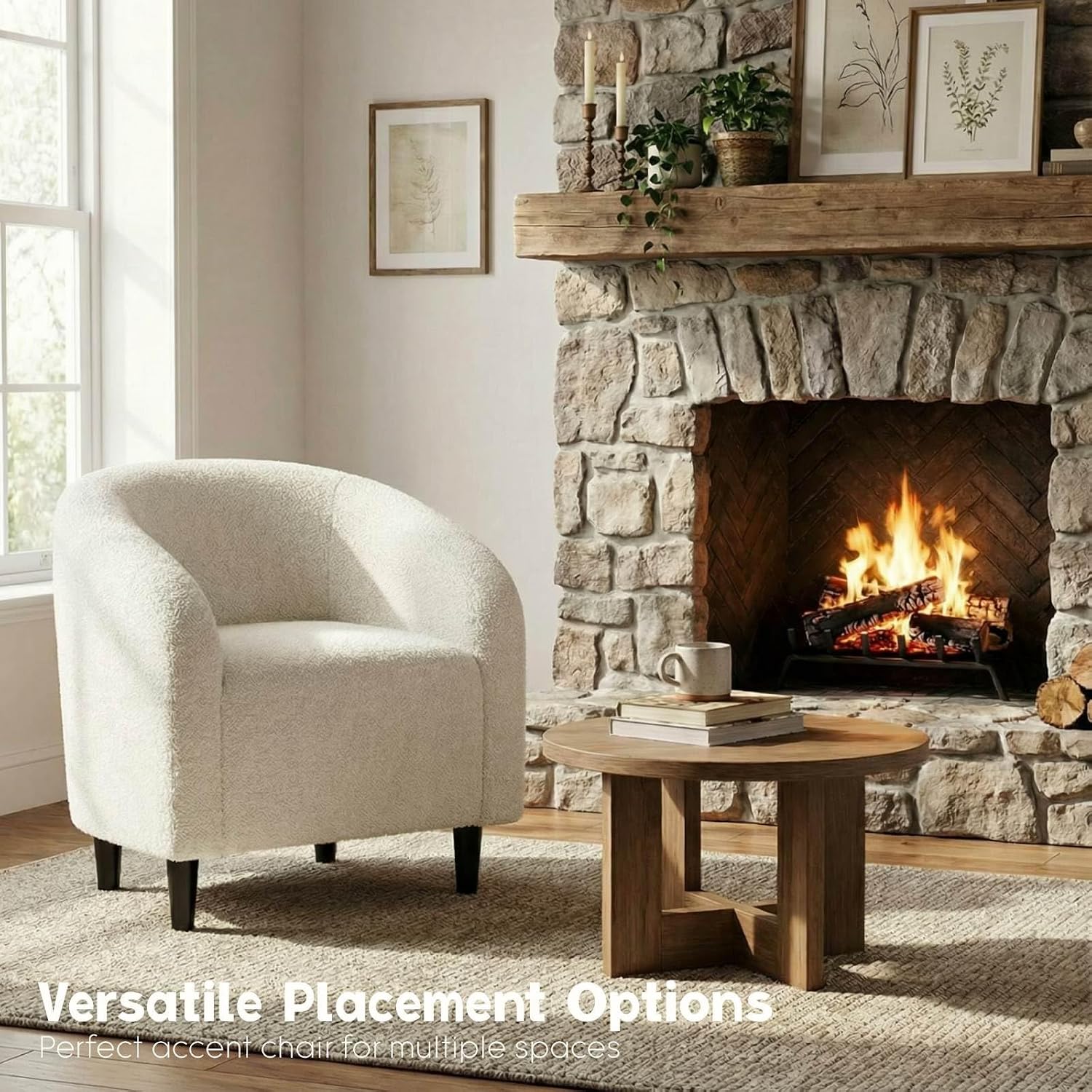 Modern Accent Barrel Chair, Comfy Teddy Fabric Club Armchair with Side Pocket, Easy Assembly Living Room Corner Chair for Bedroom, Office, Reception Space