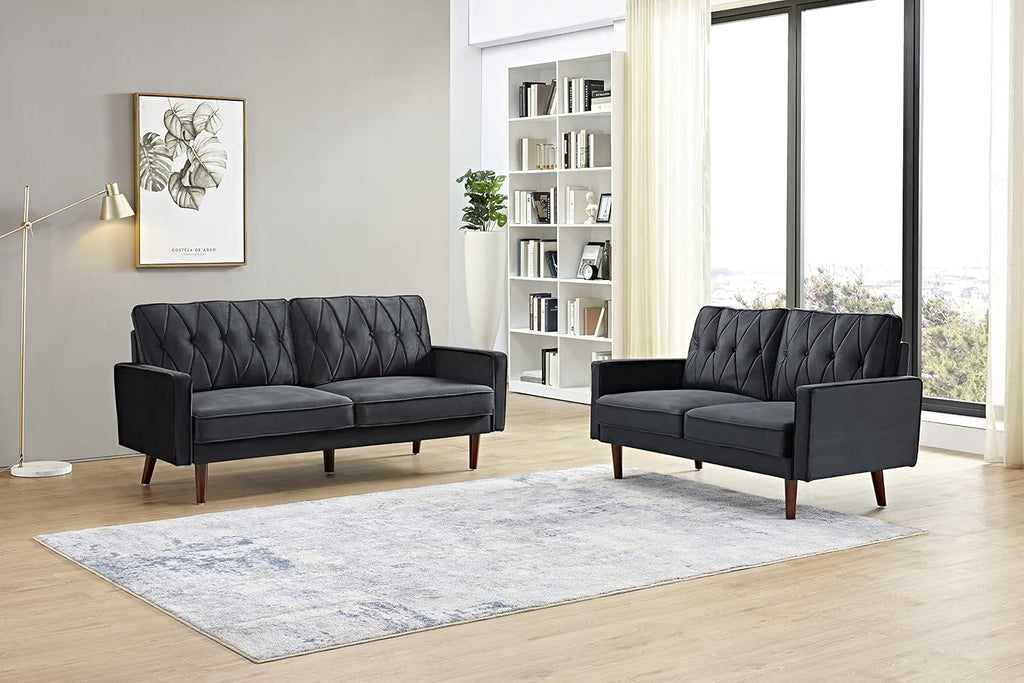Container Furniture Modern Style Tufted Velvet Couches for Living Room with Soft Fabric Upholstery and Solid Wood Frame, 2 Piece Sofa and Loveseat Set, Black