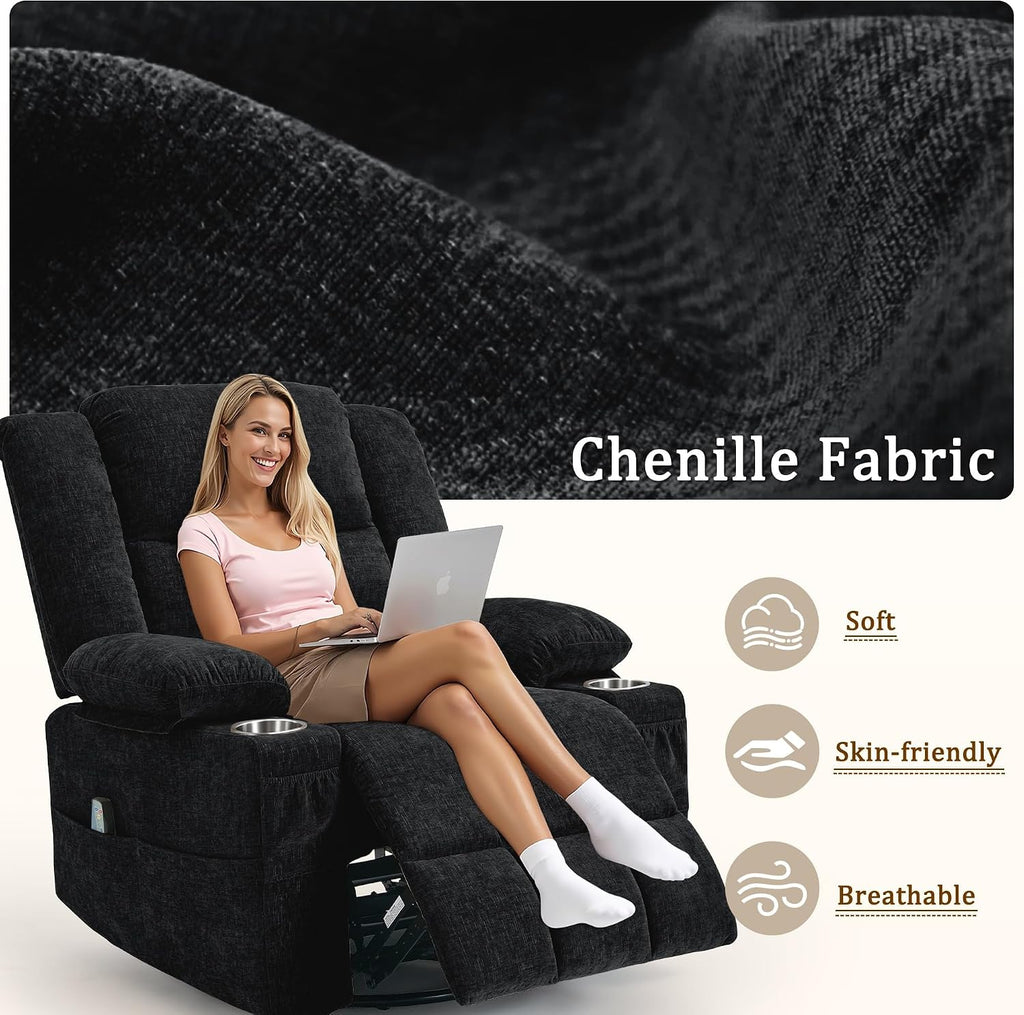 Korser 360° Swivel Rocker Recliner for Adult, Nursery Glider Recliners with Massage & Heating, Rocking Chair with Cup Holder, Manual Recliner Chair for Living Room, Bedroom (Black)