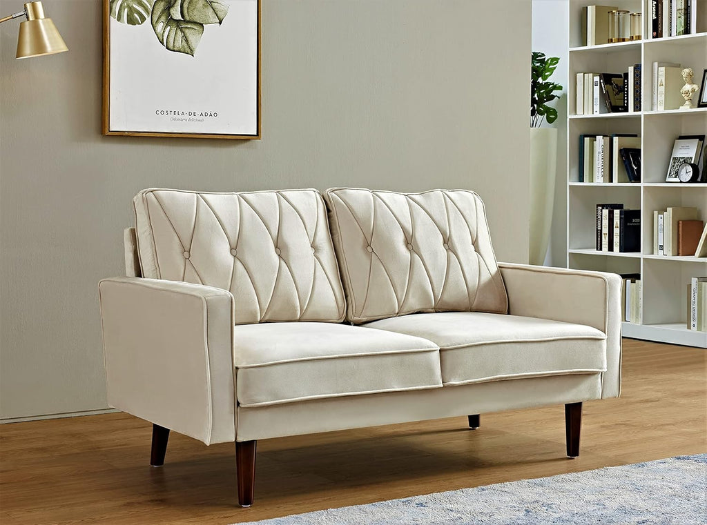 Container Furniture Modern Style Tufted Velvet Couches for Living Room with Soft Fabric Upholstery and Solid Wood Frame, 2 Piece Sofa and Loveseat Set, Ivory