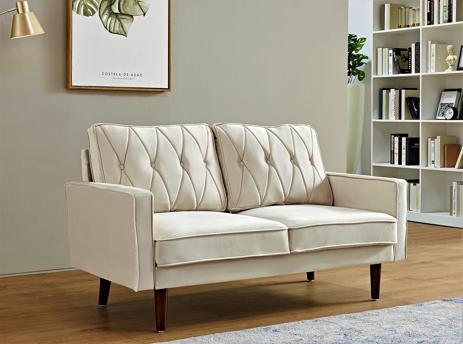Container Furniture Modern Style Tufted Velvet Couches for Living Room with Soft Fabric Upholstery and Solid Wood Frame, 2 Piece Sofa and Loveseat Set, Ivory