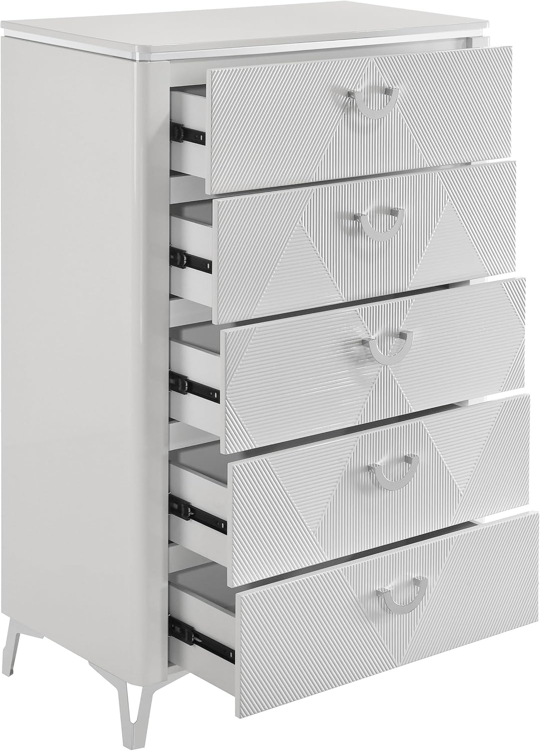 Coaster Home Furnishings - Cassia - Wood - 5-Drawer Chest with Black Felt-Lined Top, V-Patterns Front, U-Shaped Pulls, Tapered Legs and Contemporary Style - Bedroom - White High Gloss - 215795