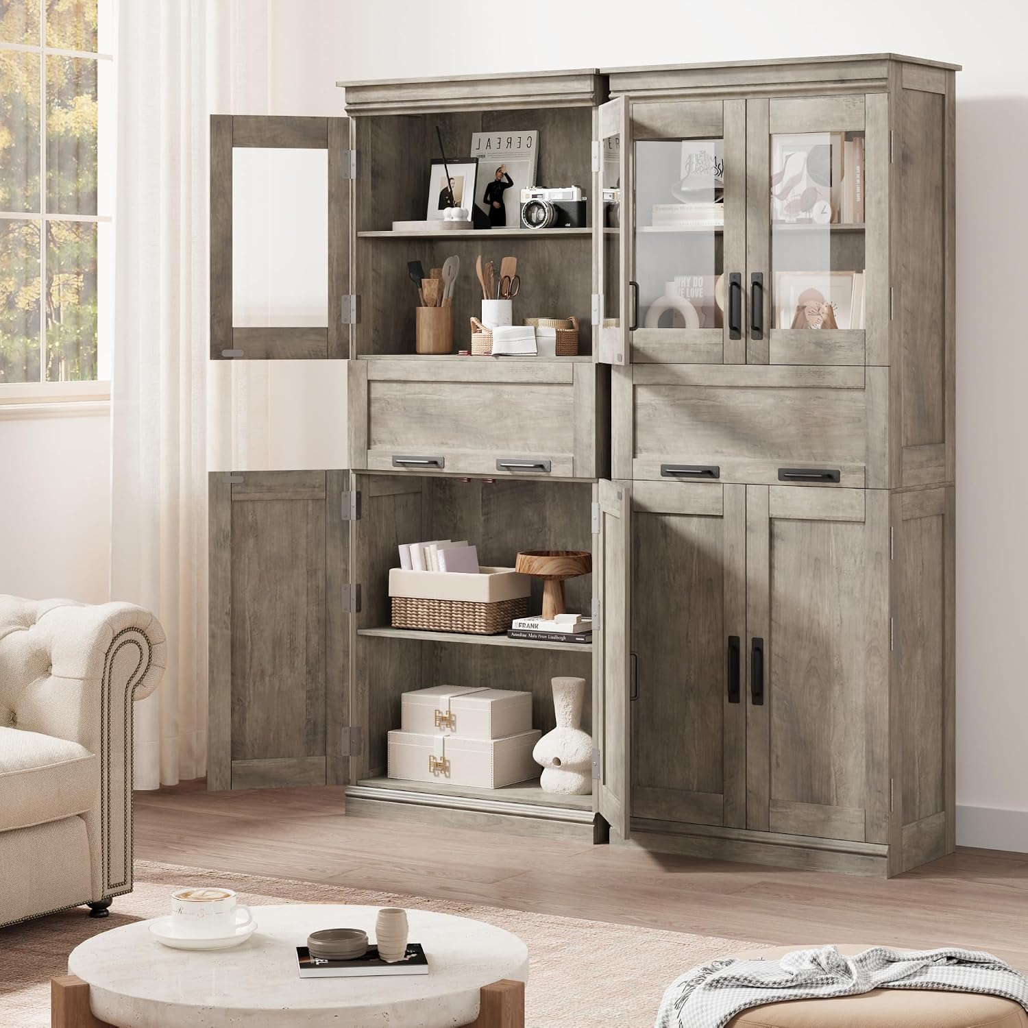 GarveeHome 67' Tall Bathroom Cabinet with 4 Doors & Flip Glass Drawer, Storage Cabinet with Adjustable Shelves, Freestanding Organizer for Kitchen, Living Room (Oak)