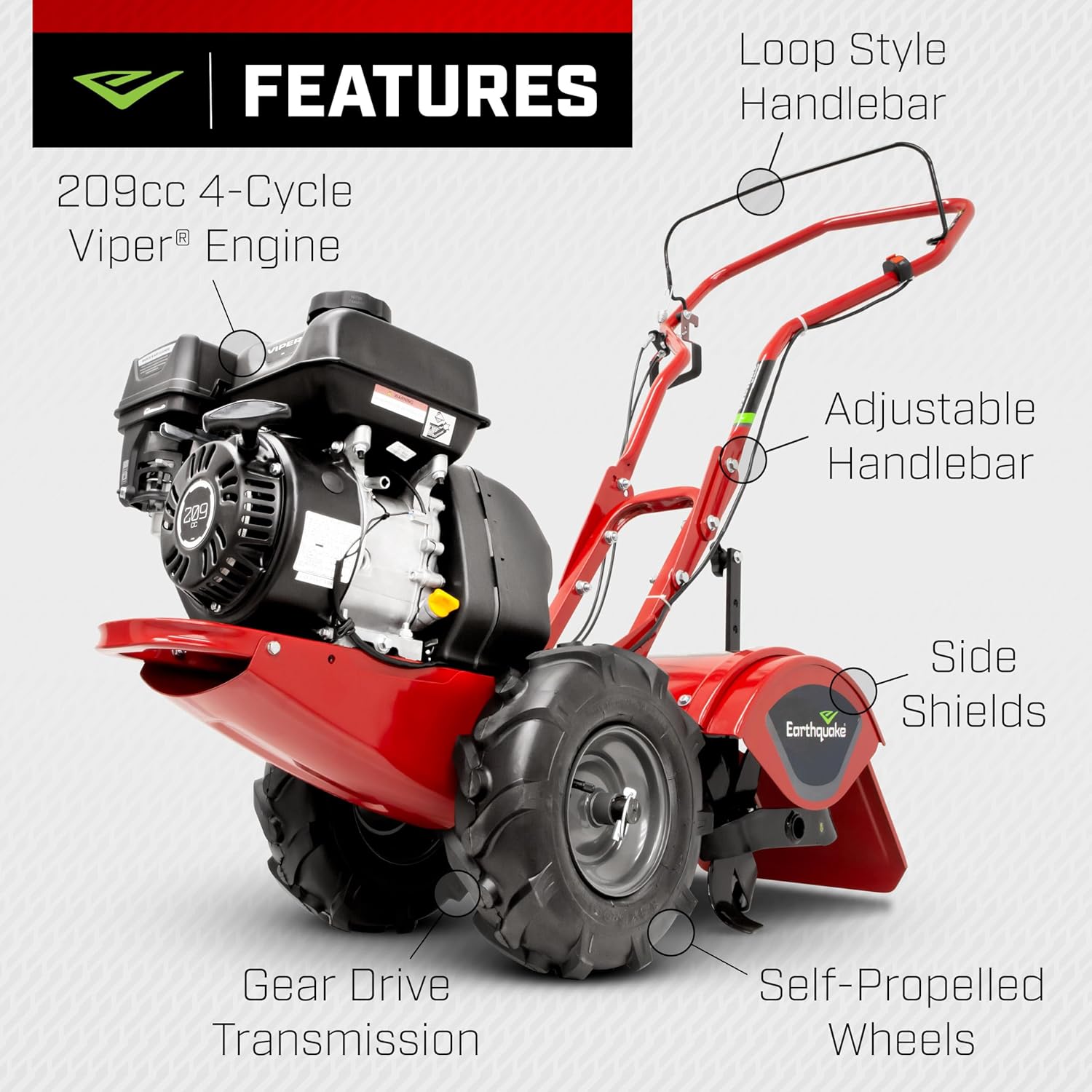 EARTHQUAKE Victory Rear Tine Tiller, Powerful 209cc 4-Cycle Viper Engine, Rugged Bronze Gear Transmission, Counter-Rotating Tines, Instant Reverse, Pneumatic Wheels, Model: 39381, Red/Black