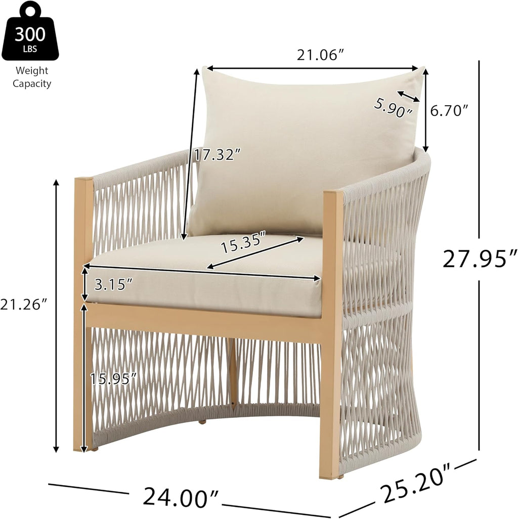 Christopher Knight Home Nadine Outdoor Rope Club Chair, Aluminum Woven Rope Accent Chair, Curved Back Armchair, Open-Weave Texture Lounge Chair with Cushion for Gardern Yard Balcony Poolside, Beige
