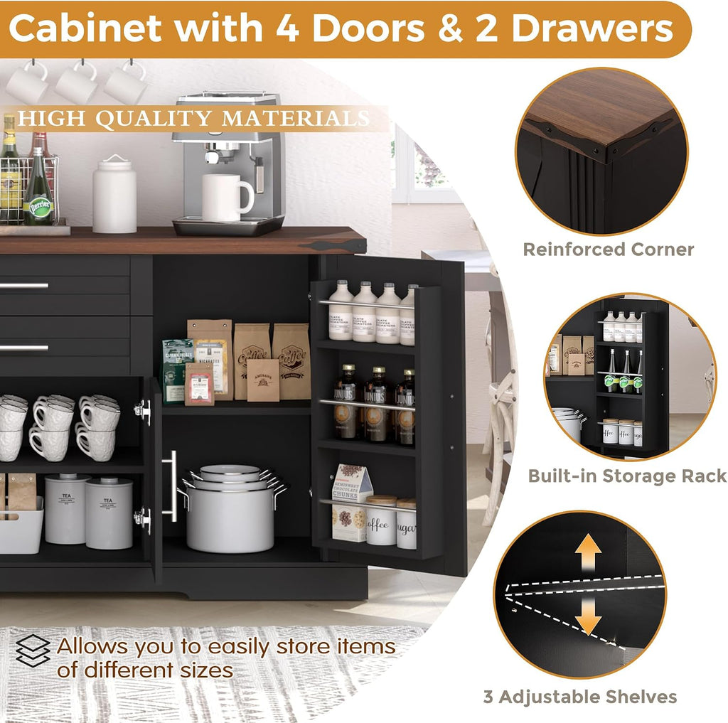 RiteSune 63' Farmhouse Buffet Sideboard Cabinet, Large Kitchen Sideboard Storage with 2 Drawers and 4 Doors, Buffet Table for Dining Room, Living Room, Black