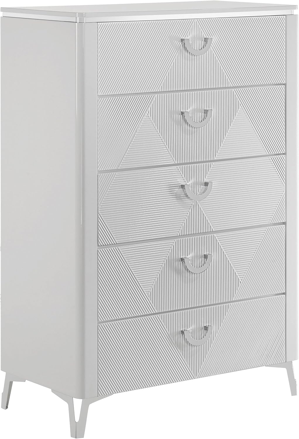 Coaster Home Furnishings - Cassia - Wood - 5-Drawer Chest with Black Felt-Lined Top, V-Patterns Front, U-Shaped Pulls, Tapered Legs and Contemporary Style - Bedroom - White High Gloss - 215795
