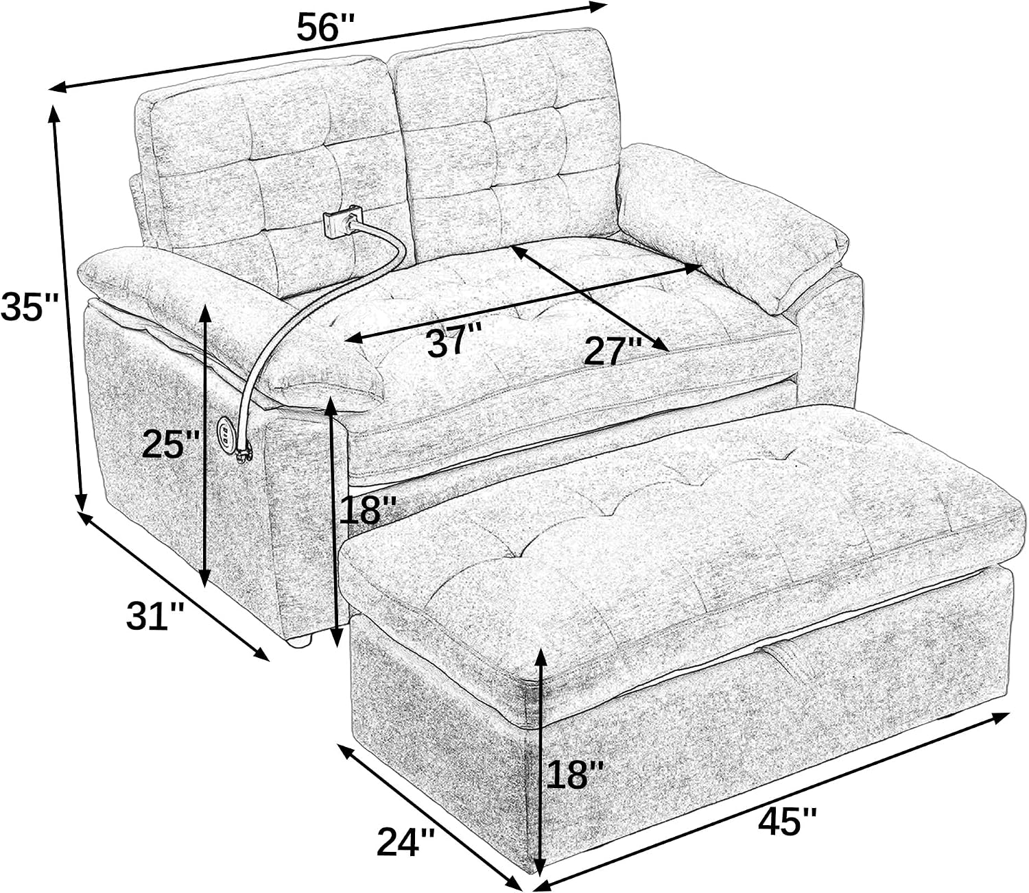 KEIKI 56' Oversized Chaise Lounge Chair Indoor with Storage Ottoman, USB Port &Phone Stand, Cloud Upholstered Chaise Lounge Recliner, Deep Seat Reading Couch Sofa Bed for Living Room Bedroom,Beige