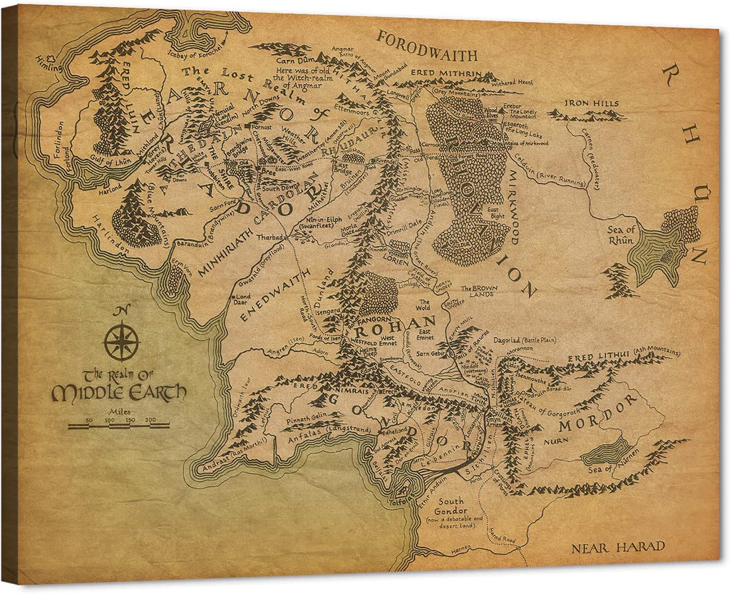 GUTTATY Middle Earth Map Canvas Wall Art Movie HD Print - Retro Painting for Home Decor, Vintage World Poster Framed Artwork Office Decor (32''Hx48''W)