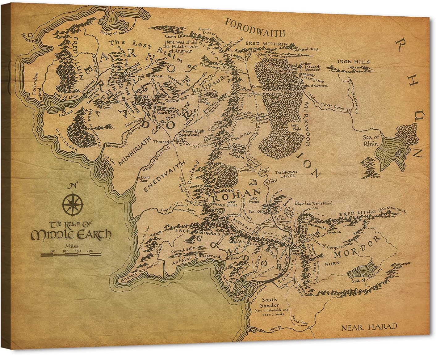 GUTTATY Middle Earth Map Canvas Wall Art Movie HD Print - Retro Painting for Home Decor, Vintage World Poster Framed Artwork Office Decor (32''Hx48''W)