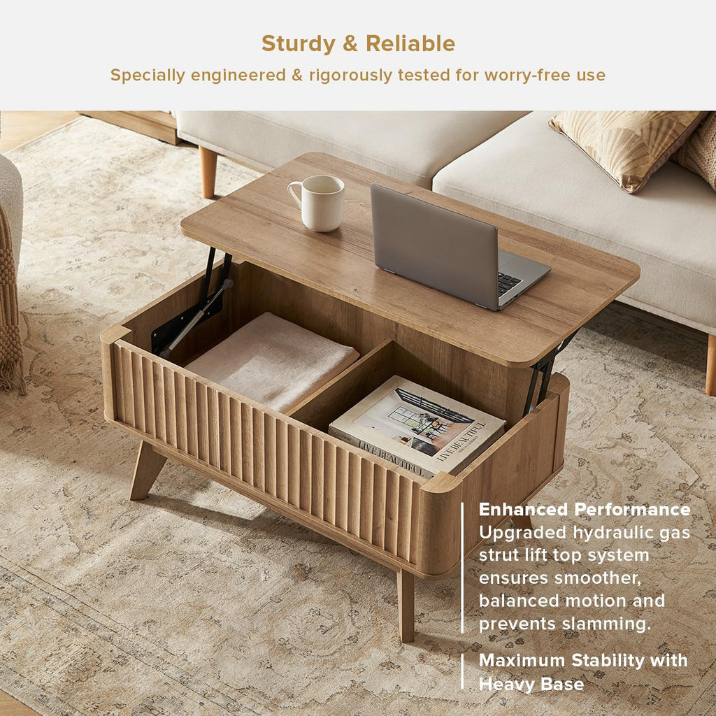 mopio Brooklyn Coffee Table, Lift Top Coffee Tables for Living Room, Mid Century, Modern Farmhouse Center Table with Lifting Top & Hidden Storage, Fluted Panel, Rising Pull Up (Oak Fluted)