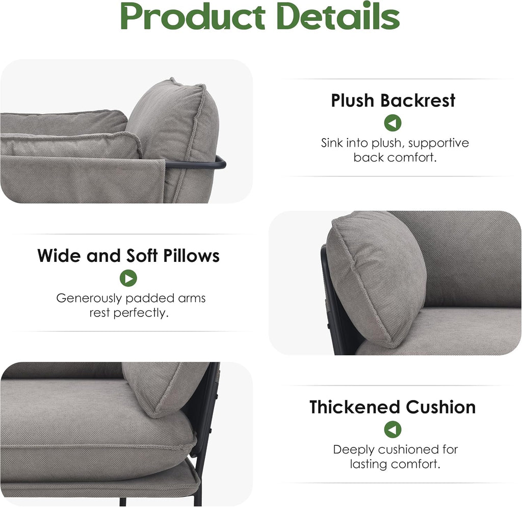 Modern Accent Chairs Set of 2, Oversized Living Room Chairs, Reading Chair with Solid Metal Legs, Fabric Armchair with Side Pockets and 2 Pillows, Accent Chairs for Bedroom, Nursery, Khaki