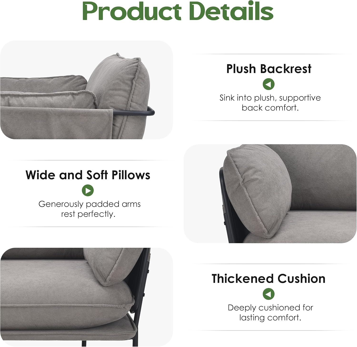 Modern Accent Chairs Set of 2, Oversized Living Room Chairs, Reading Chair with Solid Metal Legs, Fabric Armchair with Side Pockets and 2 Pillows, Accent Chairs for Bedroom, Nursery, Khaki